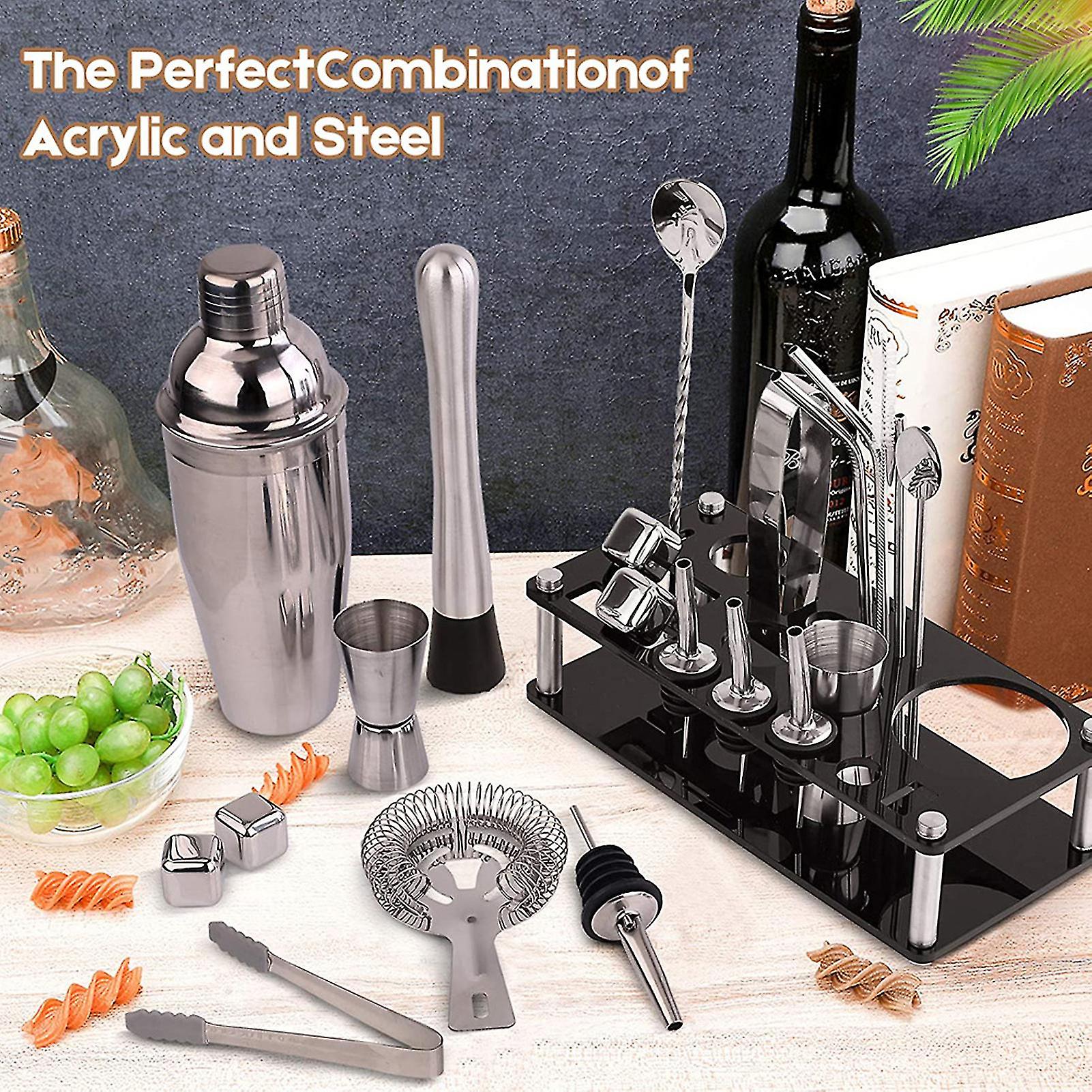 23pcs/Set Professional Versatile Stainless Steel Martini Cocktail Shaker with Stand Rovenature Accessories