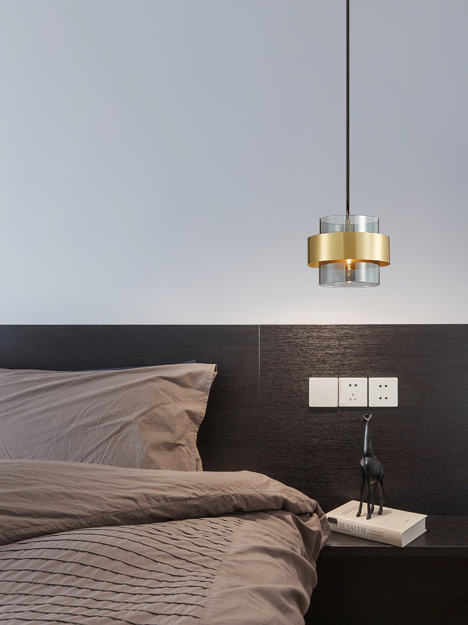 Rovenature Cylinder Down Pendant Lamp with Brass Pendant and Grey Glass Shade