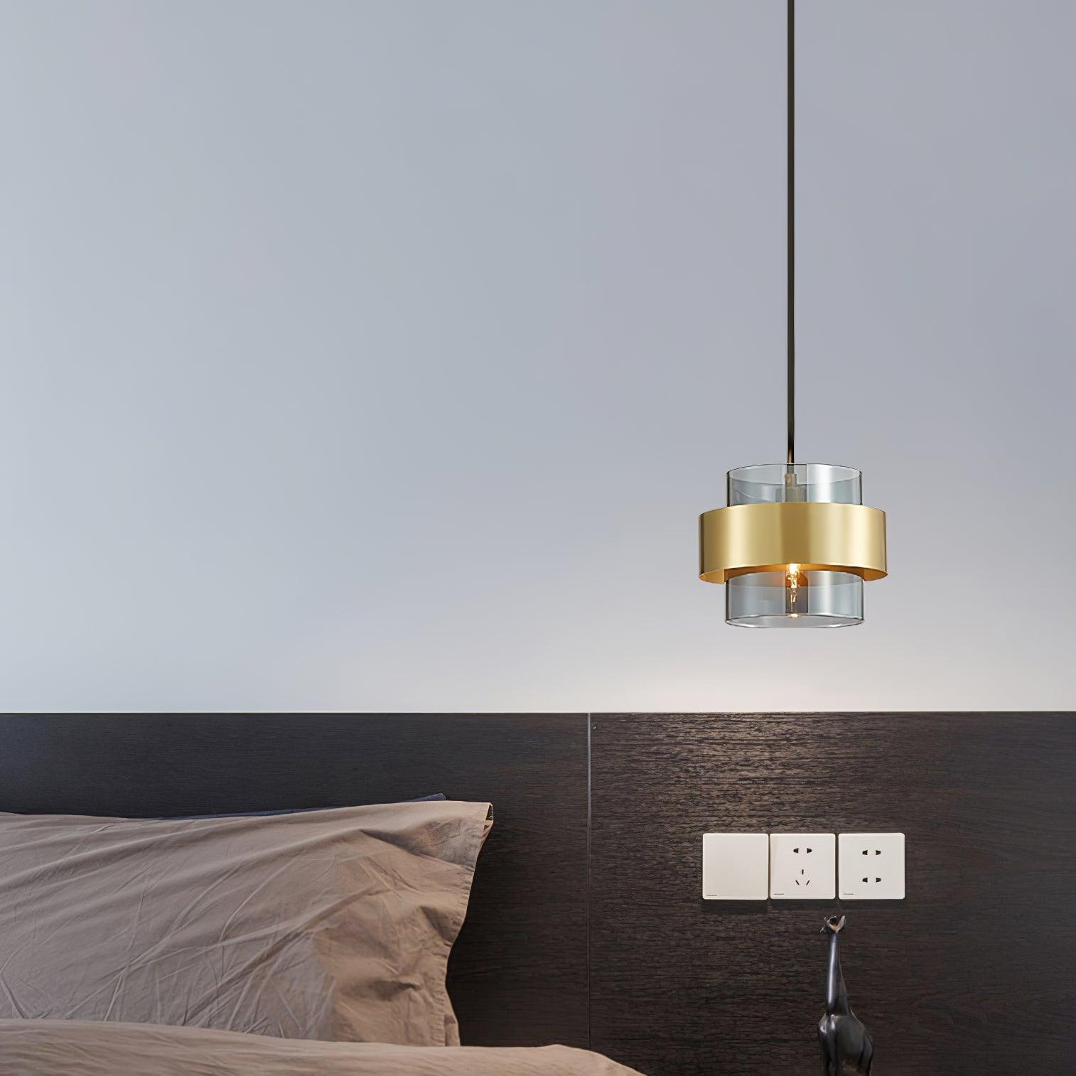 Rovenature Cylinder Down Pendant Lamp with Brass Pendant and Grey Glass Shade