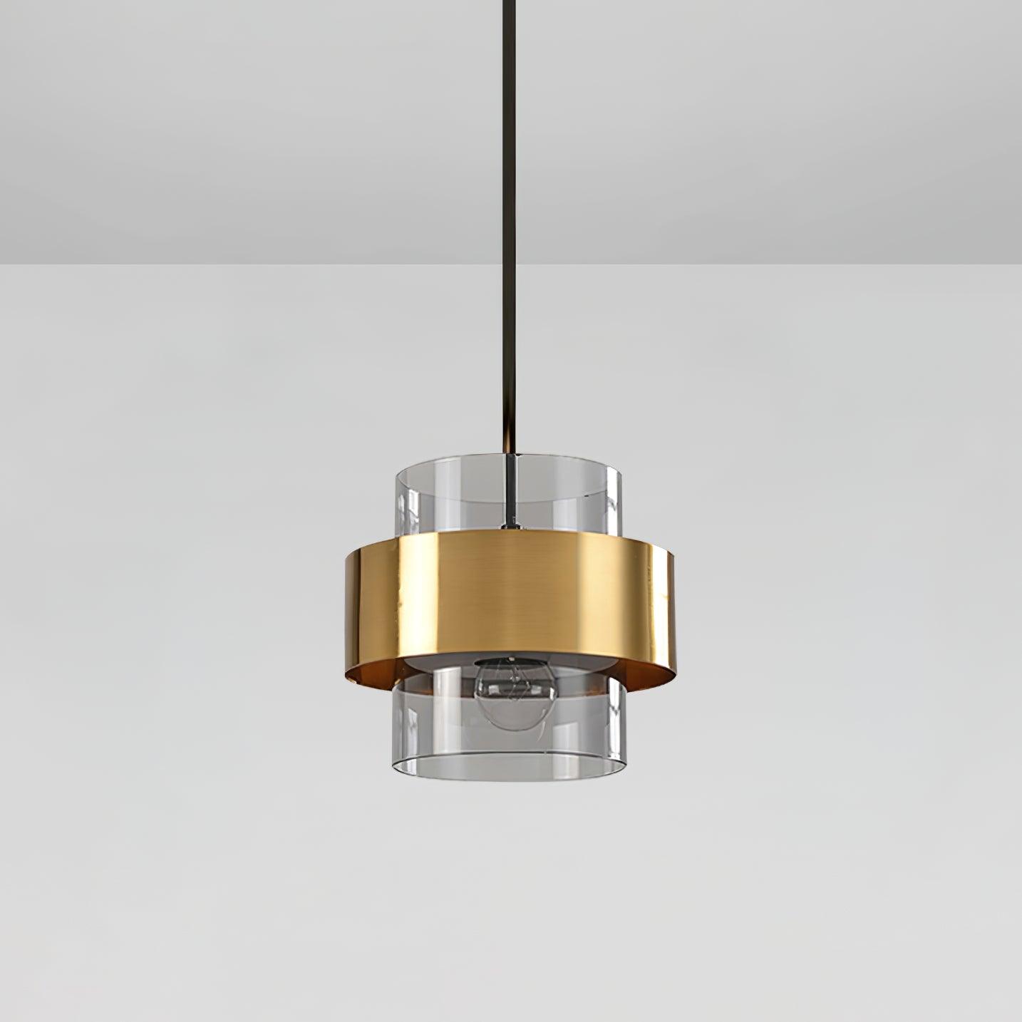 Rovenature Cylinder Down Pendant Lamp with Brass Pendant and Grey Glass Shade