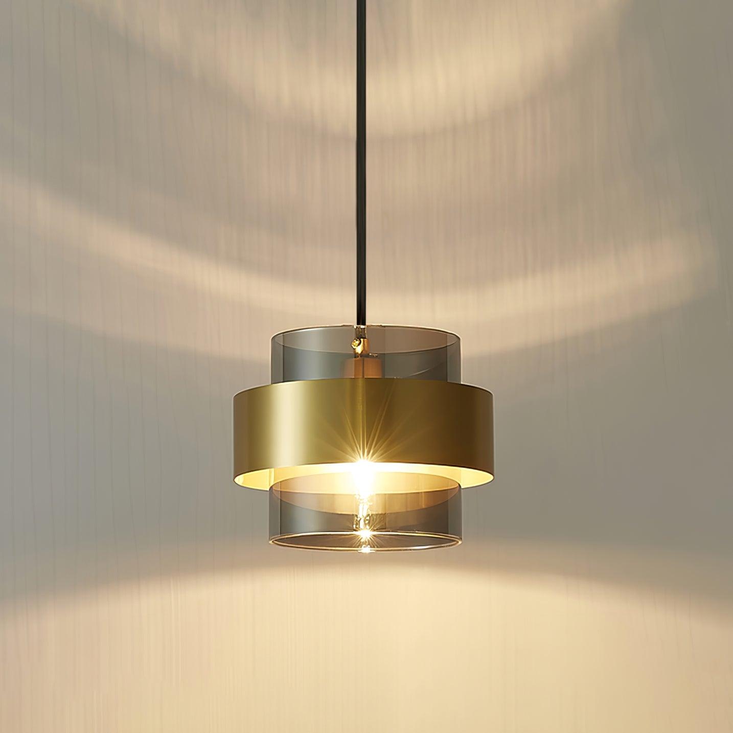 Rovenature Cylinder Down Pendant Lamp with Brass Pendant and Grey Glass Shade