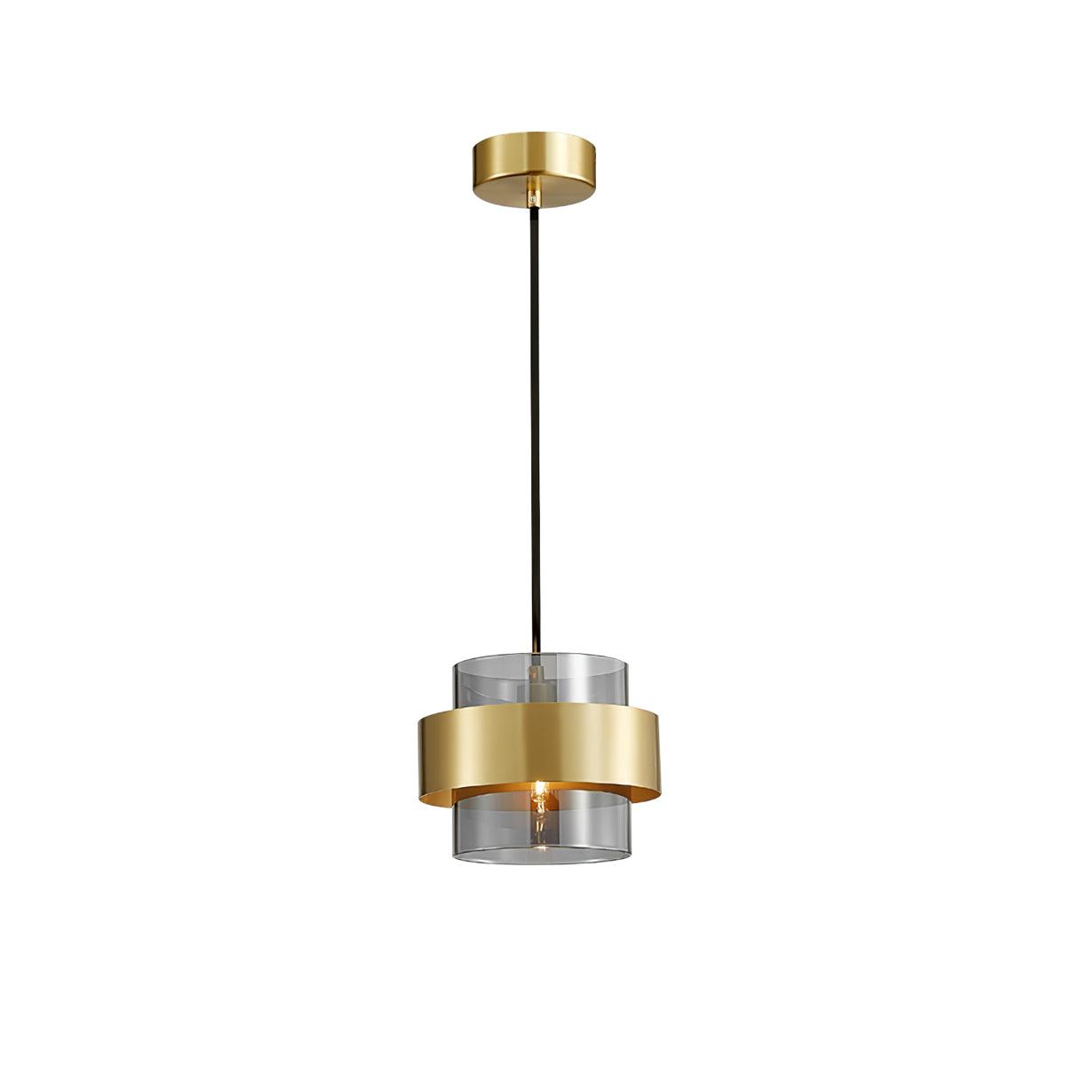 Rovenature Cylinder Down Pendant Lamp with Brass Pendant and Grey Glass Shade