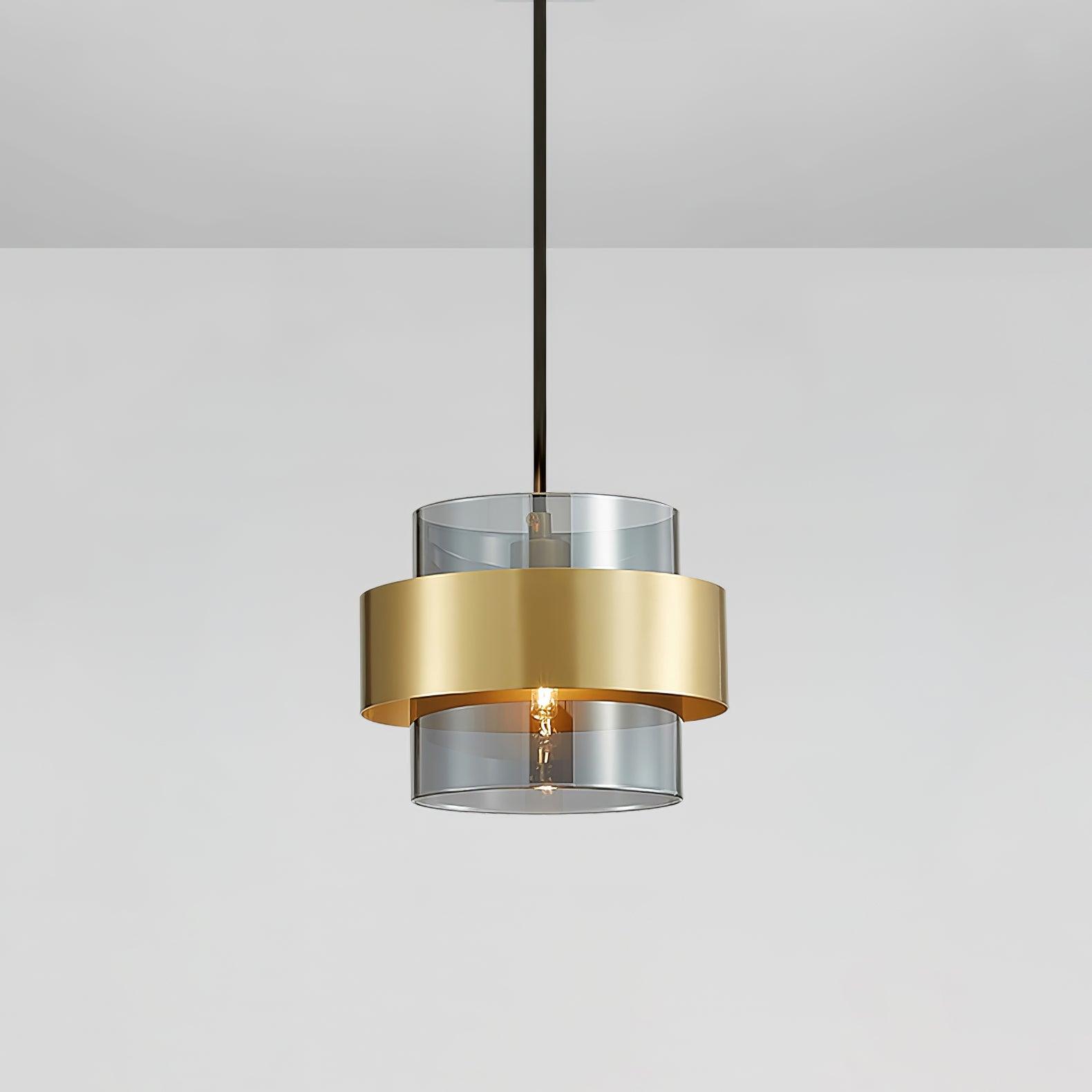 Rovenature Cylinder Down Pendant Lamp with Brass Pendant and Grey Glass Shade