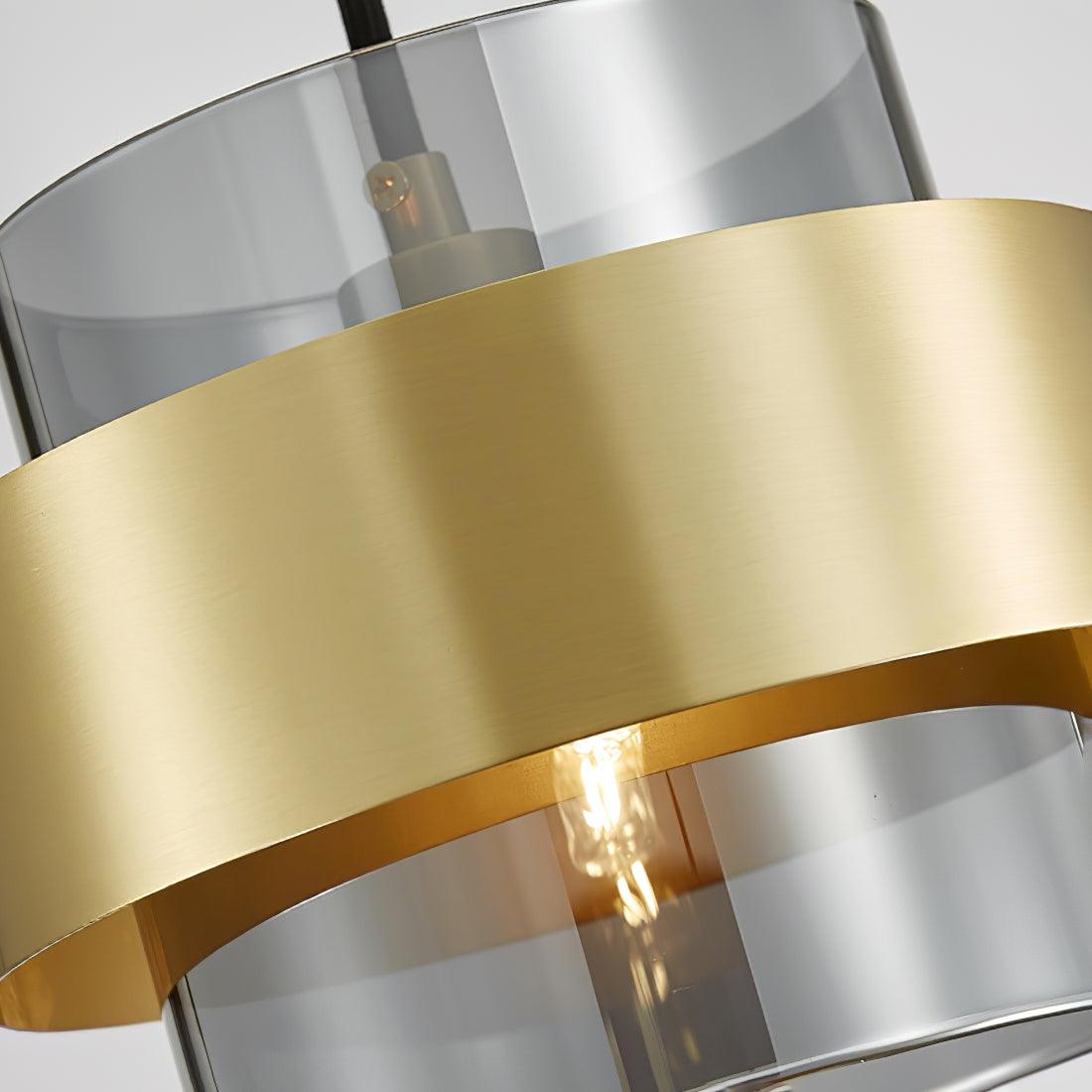 Rovenature Cylinder Down Pendant Lamp with Brass Pendant and Grey Glass Shade