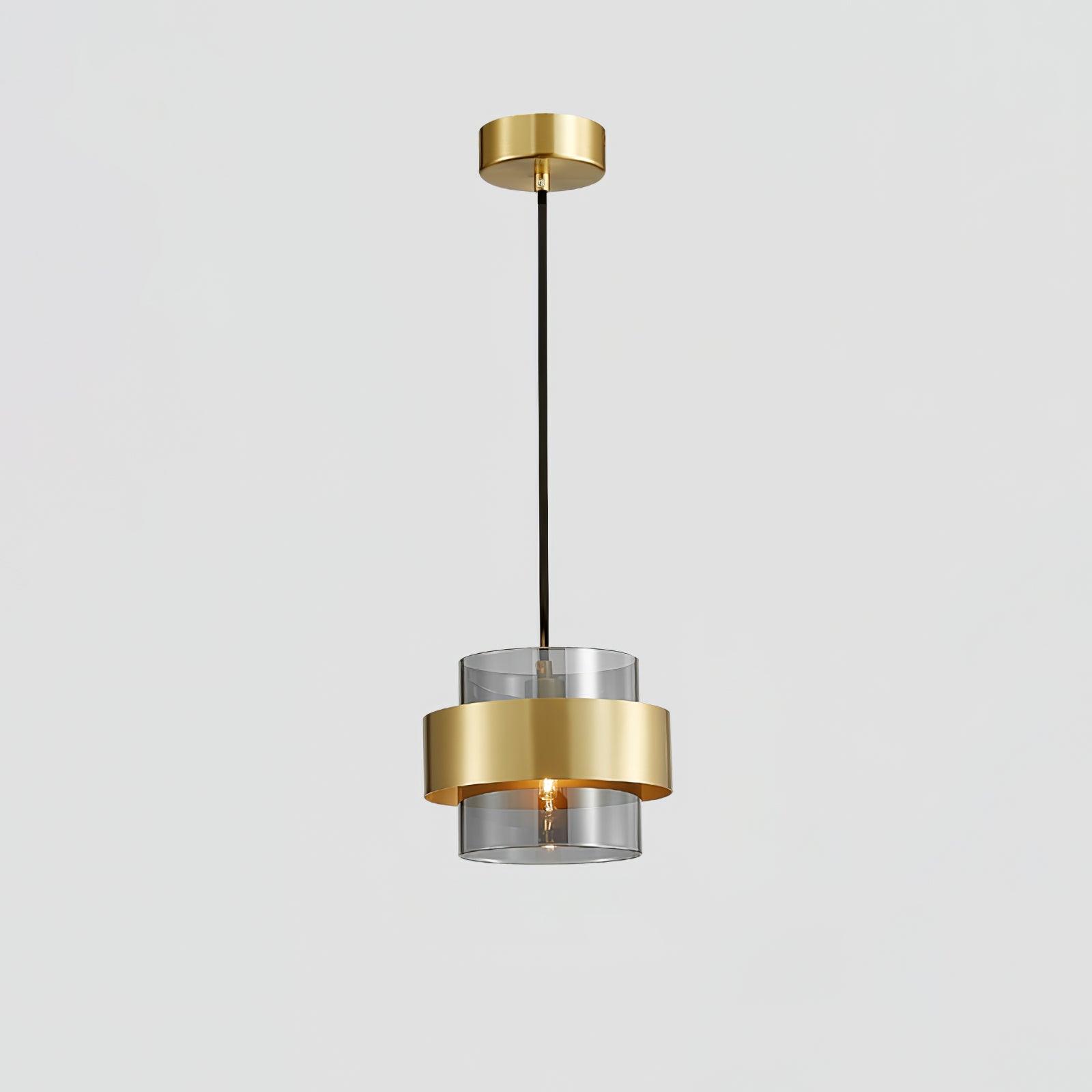 Rovenature Cylinder Down Pendant Lamp with Brass Pendant and Grey Glass Shade