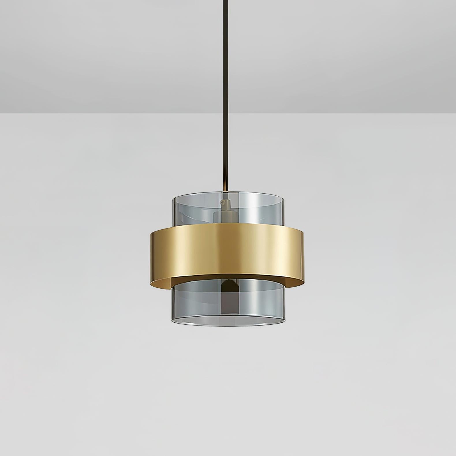 Rovenature Cylinder Down Pendant Lamp with Brass Pendant and Grey Glass Shade