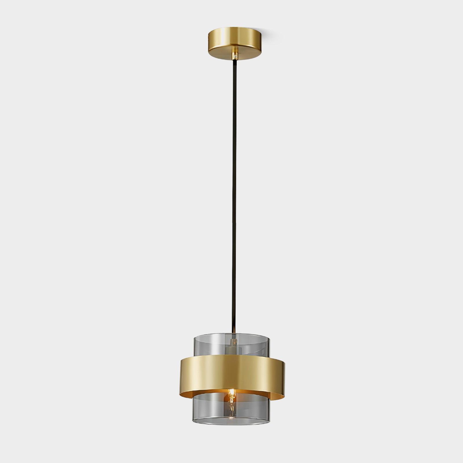 Rovenature Cylinder Down Pendant Lamp with Brass Pendant and Grey Glass Shade