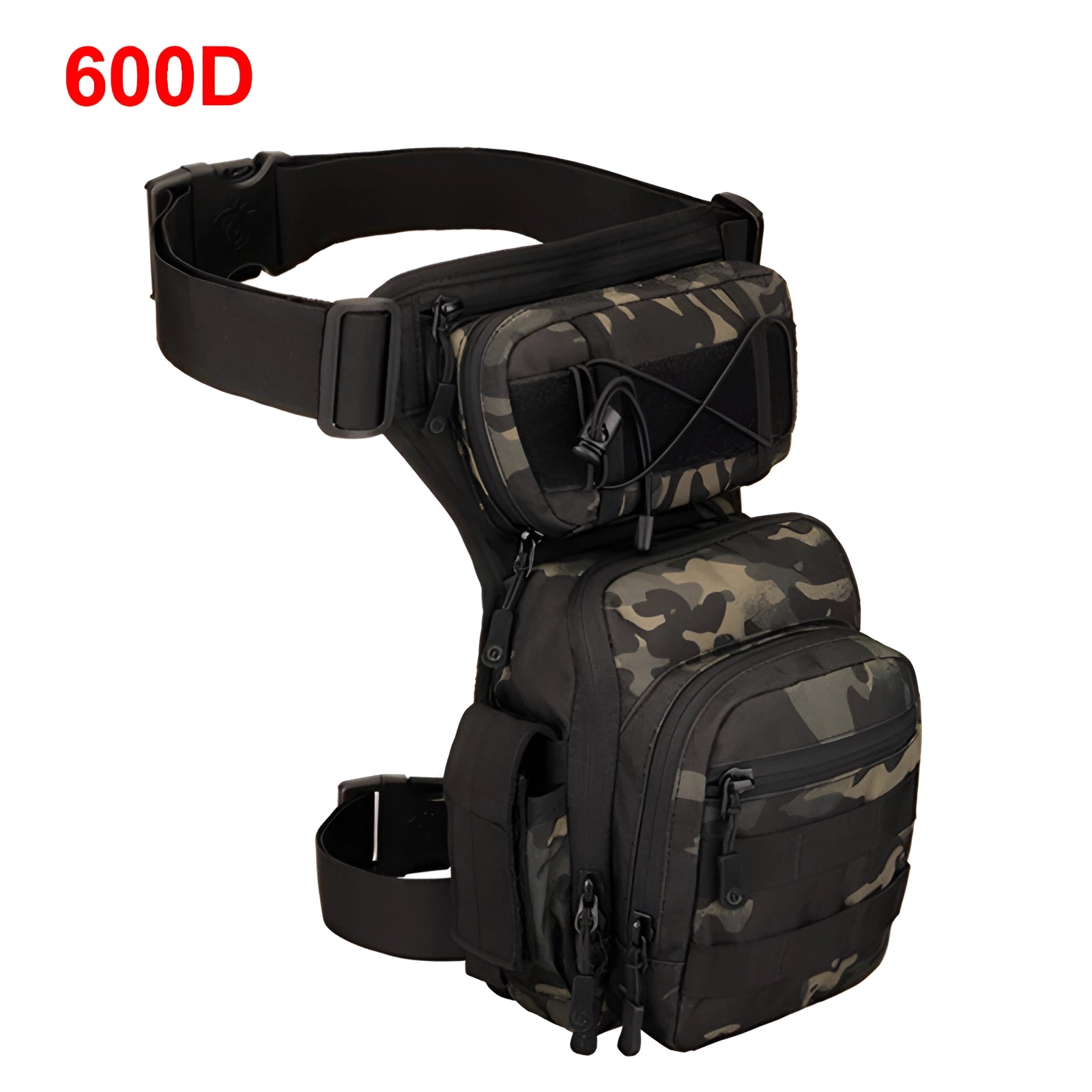 Black waterproof tactical leg bag with a camouflage design featuring durable 600D fabric, adjustable straps, and secure buckles, suitable for outdoor activities and carrying accessories.