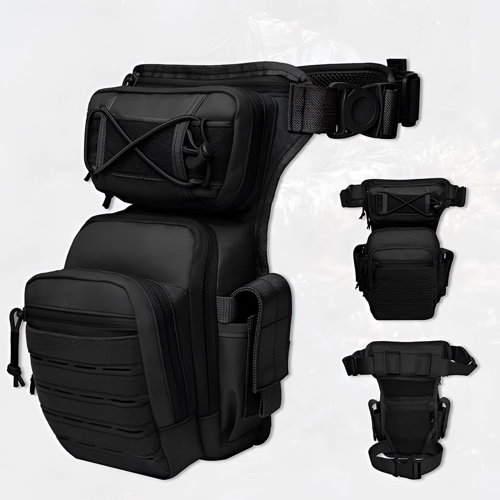 Black waterproof tactical leg bag made from durable 1000D material, designed as a military thigh pouch with secure compartments and adjustable straps.