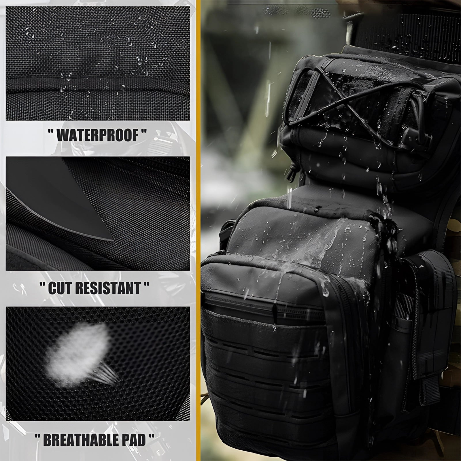 Black waterproof tactical leg bag made from durable 1000D material, designed for military use. The bag features multiple compartments and adjustable straps to securely attach to the thigh, ideal for travel and outdoor activities.