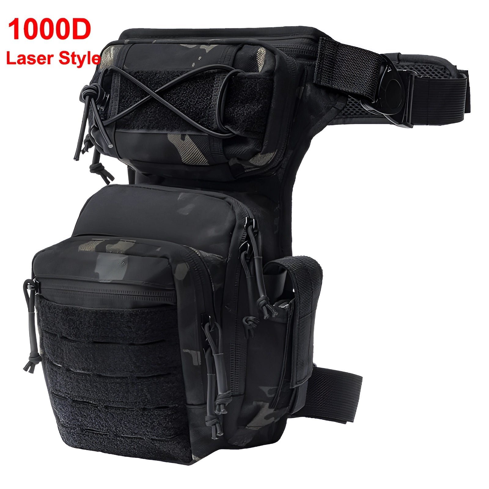 Black waterproof tactical leg bag with multiple compartments and adjustable straps designed for military use, made from durable 1000D material.