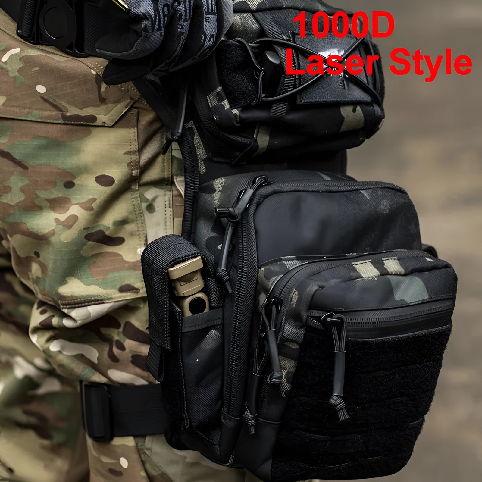 Black tactical leg bag made from durable 1000D waterproof material, featuring multiple compartments and adjustable straps for secure attachment to the thigh, ideal for military, outdoor, or tactical use.