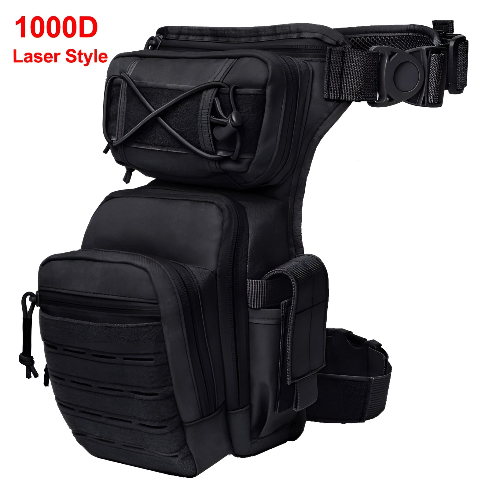 Black tactical leg bag made from durable 1000D waterproof material, designed for military and outdoor use, featuring multiple compartments and adjustable straps for secure attachment to the thigh.