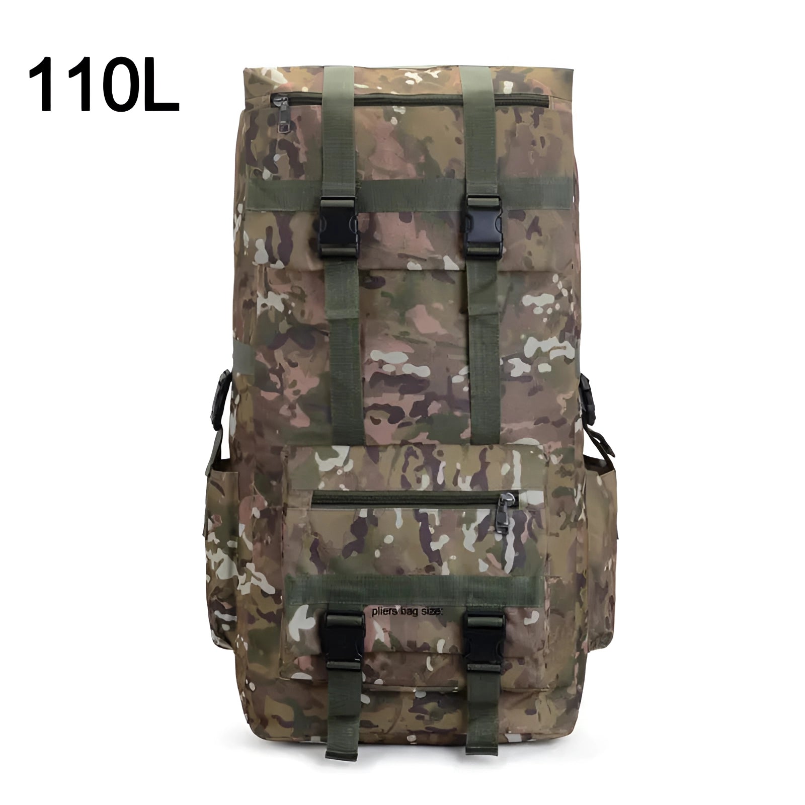 Olive military backpack with camouflage pattern, featuring a large main compartment, durable construction, and multiple pockets, designed for travel with a 110L capacity.