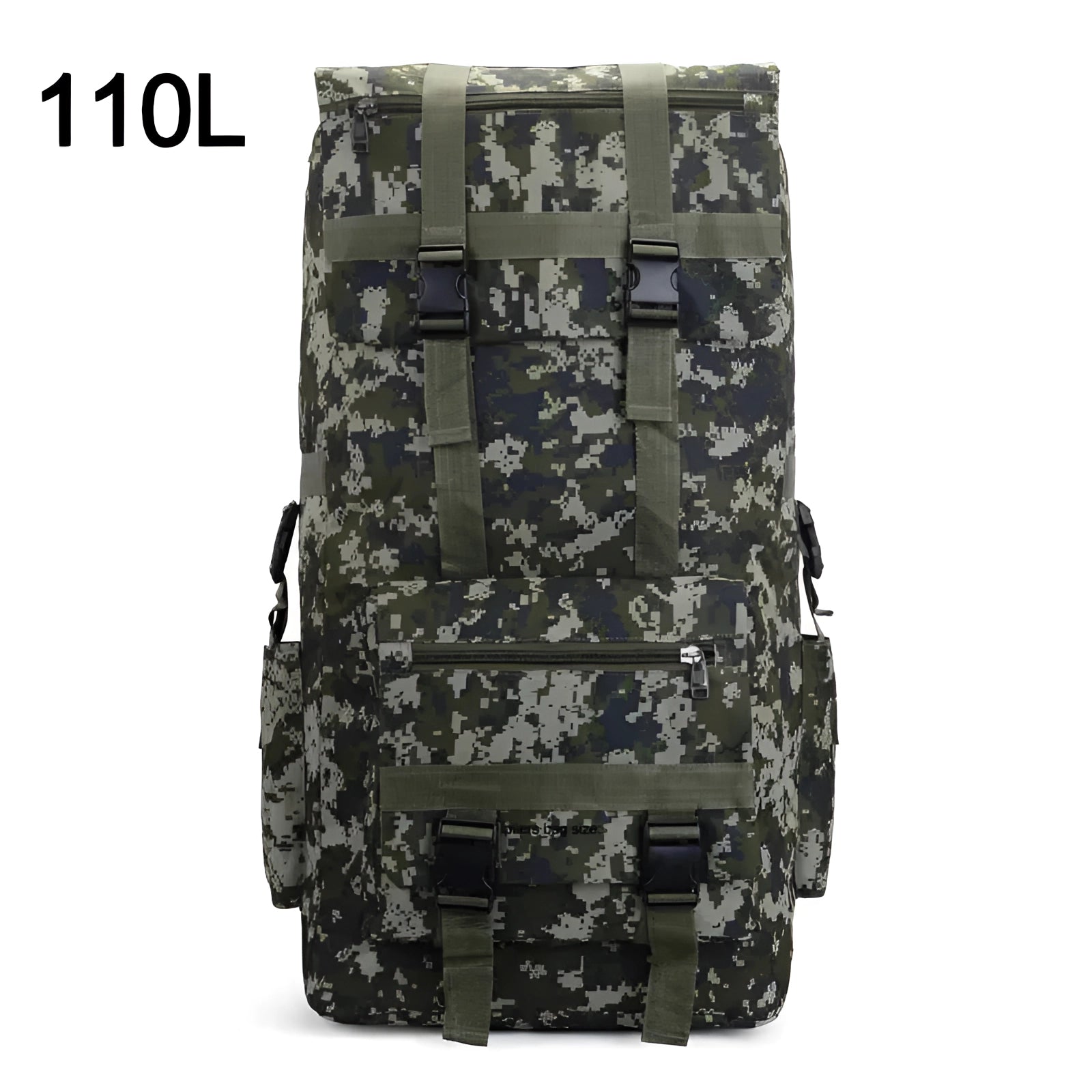 Olive military backpack with a digital camouflage pattern, showcasing a large rectangular shape and durable construction, ideal for travel with a capacity of 110 liters, featuring multiple compartments and metal accents for enhanced functionality.