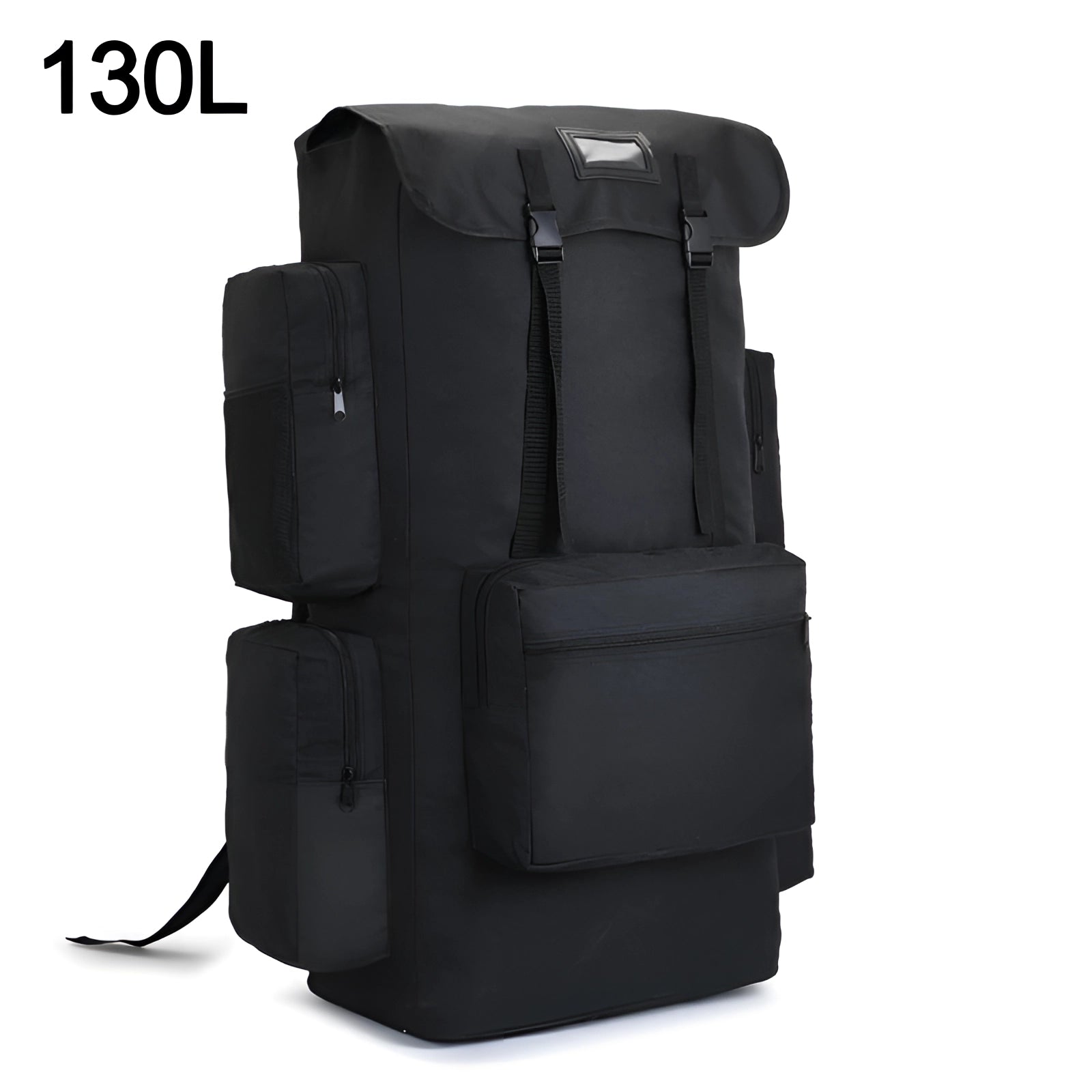 Large black military backpack with a 130L capacity, featuring a durable design suitable for travel. The rucksack has a rectangular shape and includes multiple compartments, providing ample storage space while ensuring comfort and cleanliness.