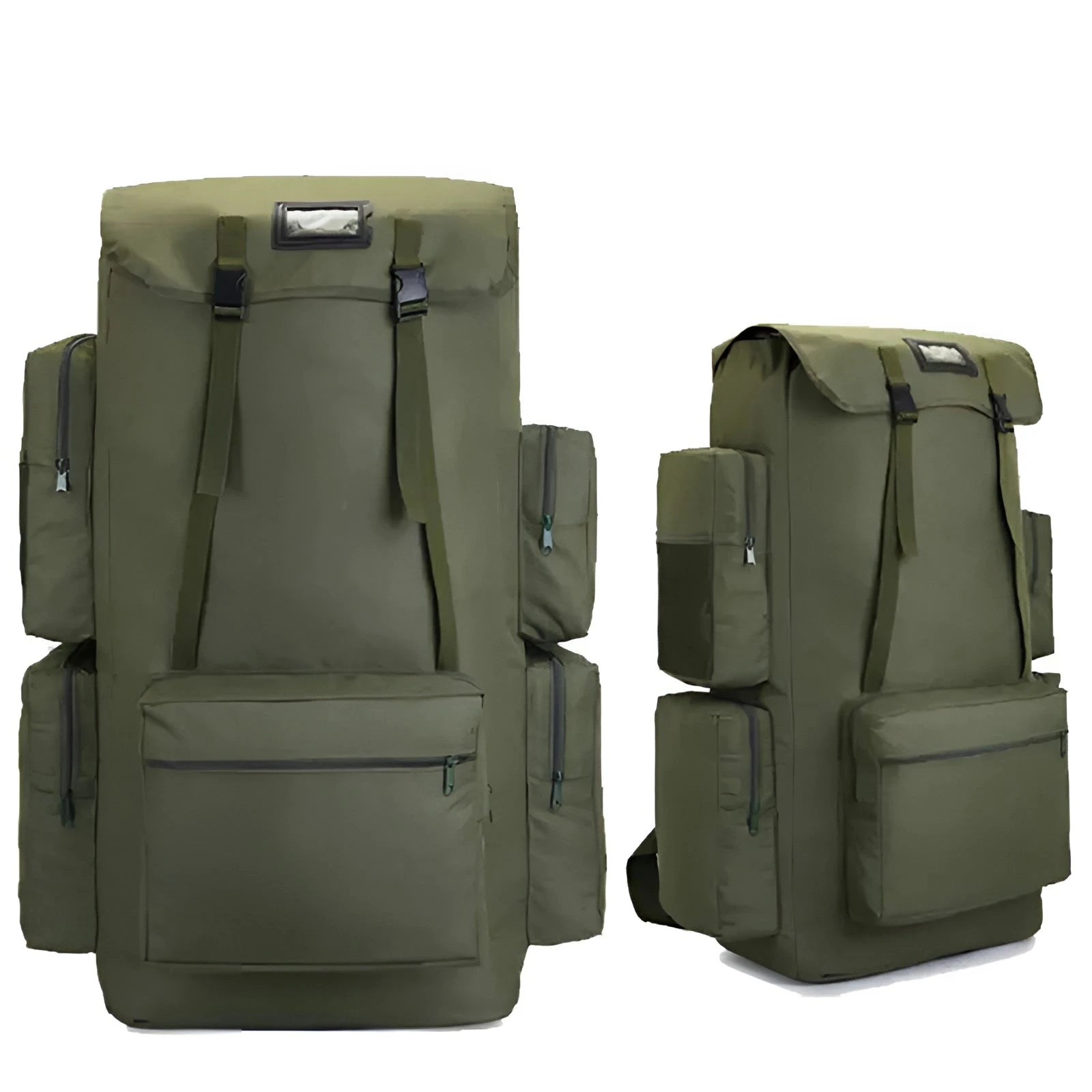 Olive military-style backpack with a large 130-liter capacity, designed for durability and travel, featuring a rectangular shape and comfortable straps.