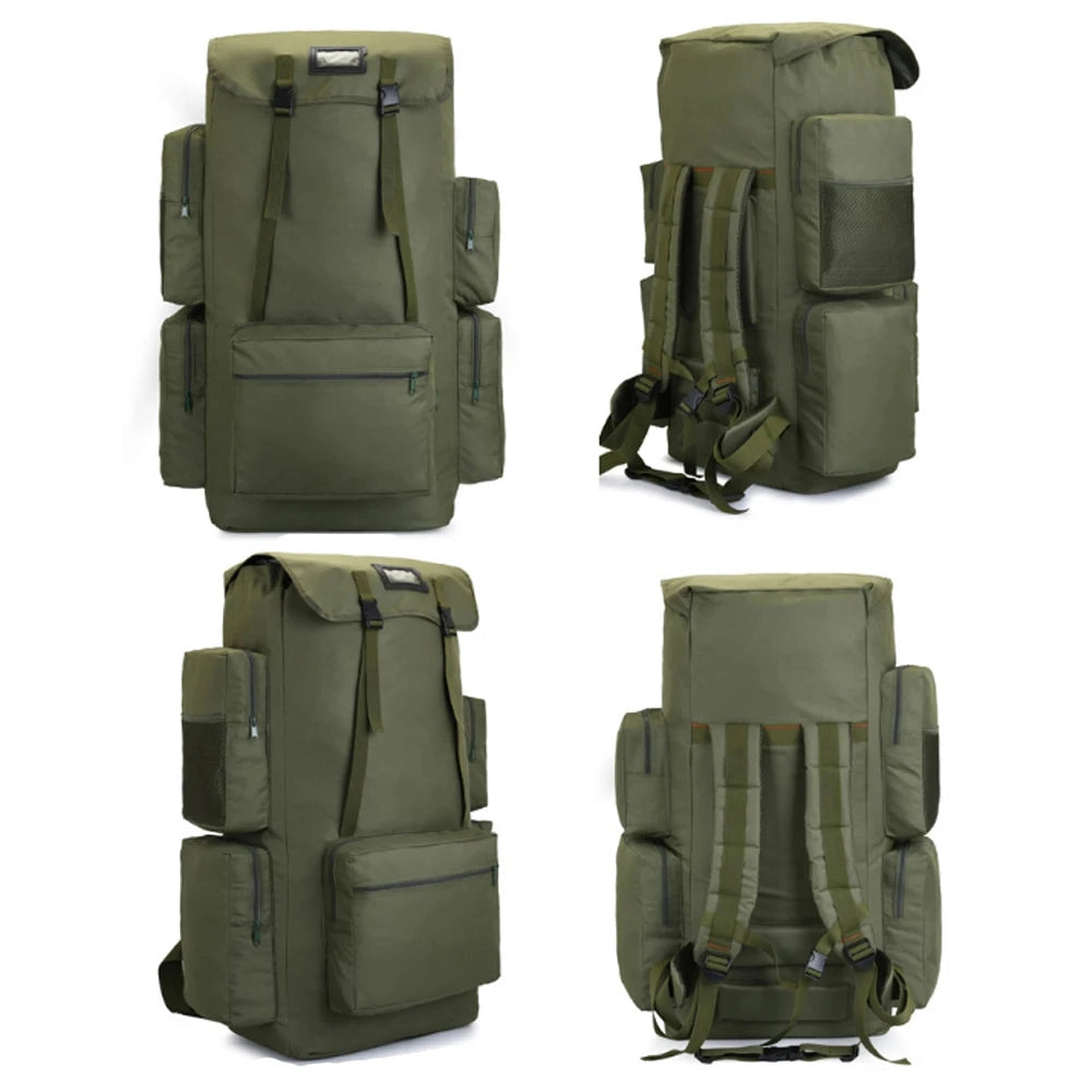 A large olive green military backpack with a durable design, featuring multiple compartments and straps, suitable for travel and outdoor activities.