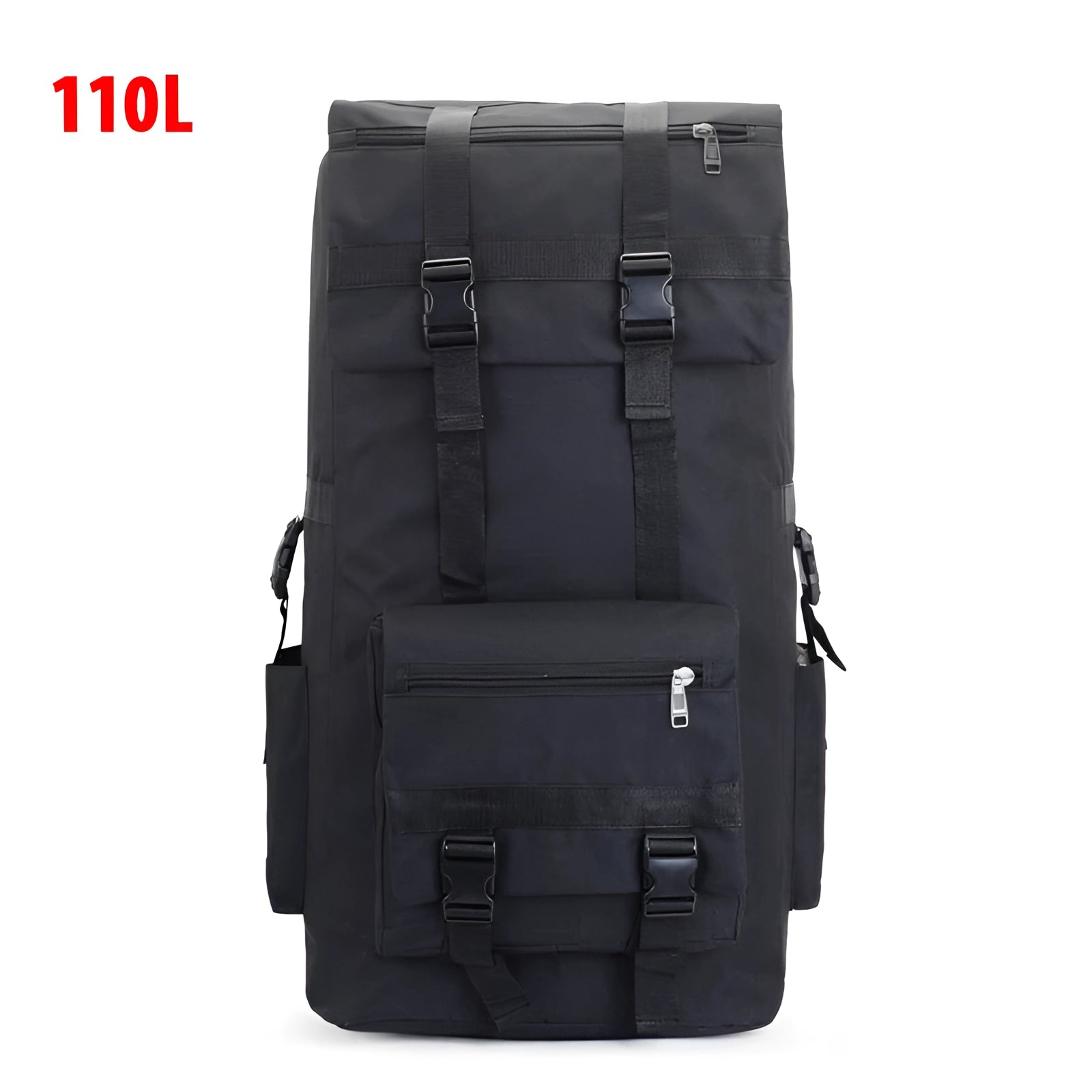 Black 110L large capacity military-style backpack designed for travel, featuring a durable rectangular shape with multiple compartments and sturdy composite materials.