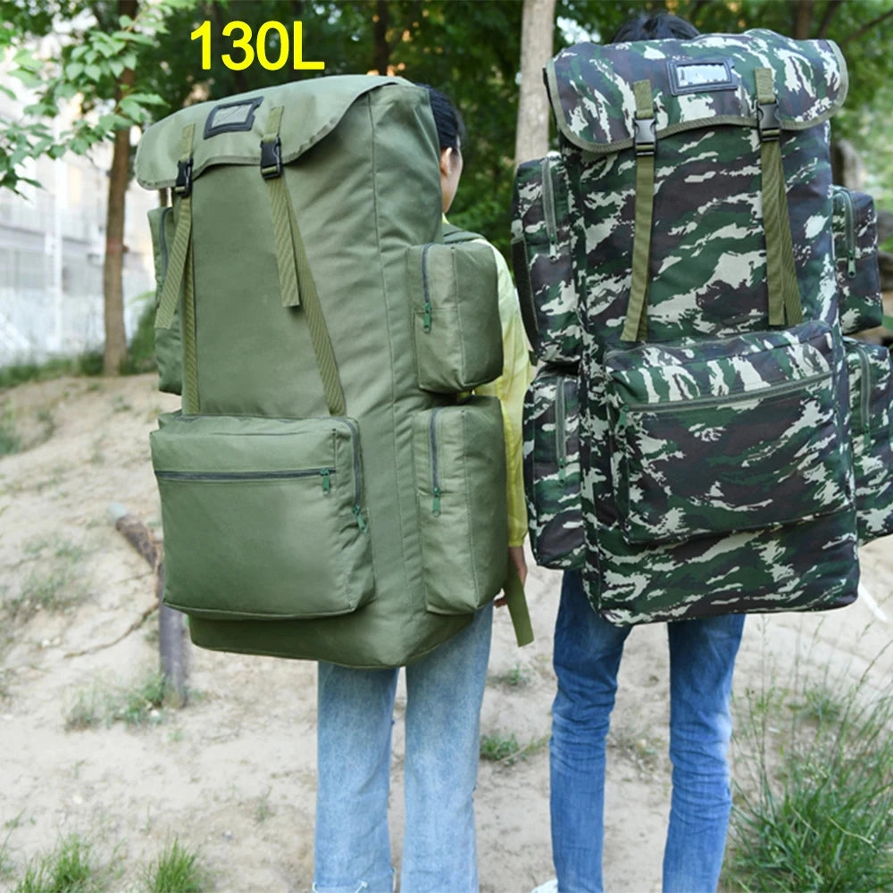 Olive green military-style backpack with large 130L capacity, featuring durable materials, multiple compartments, and adjustable straps, designed for travel and outdoor use.