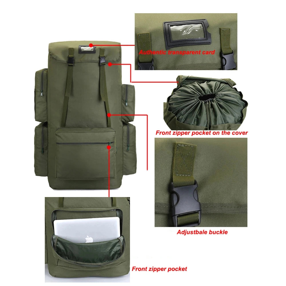 Olive green military-style backpack with a large 130-liter capacity, featuring durable fabric and multiple compartments for versatile use in travel or outdoor adventures.