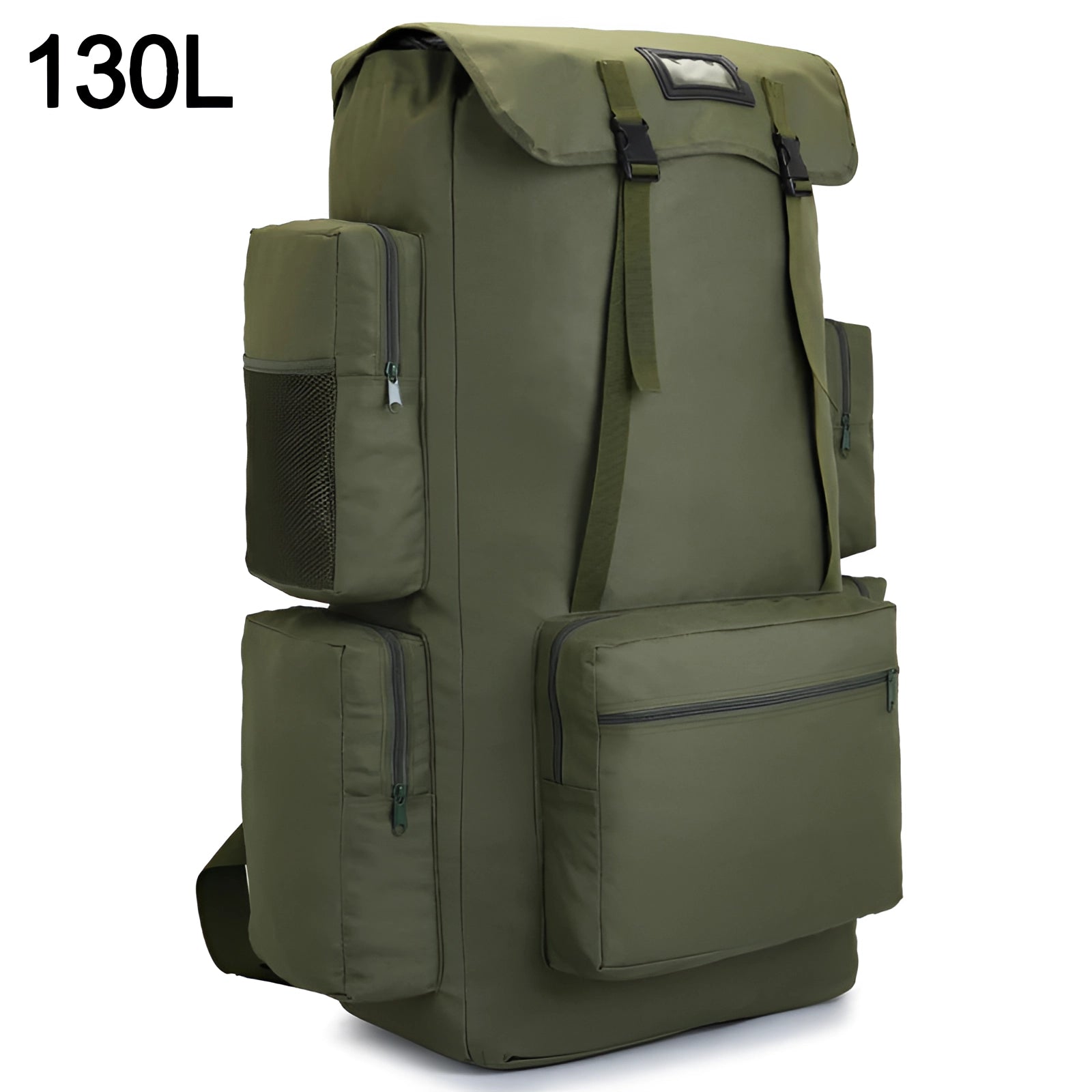 Army Green 130L military backpack with large capacity and durable material, designed for travel and outdoor use.