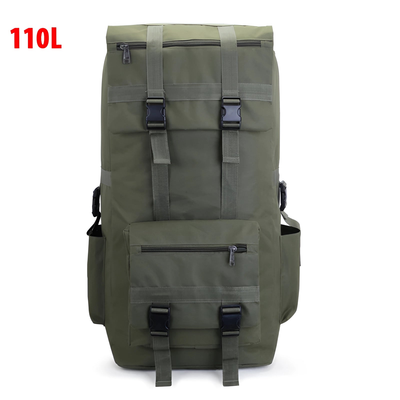 Large olive green military-style backpack with a 110L capacity, featuring durable fabric construction, multiple pockets, and adjustable straps, designed for travel and outdoor adventures.