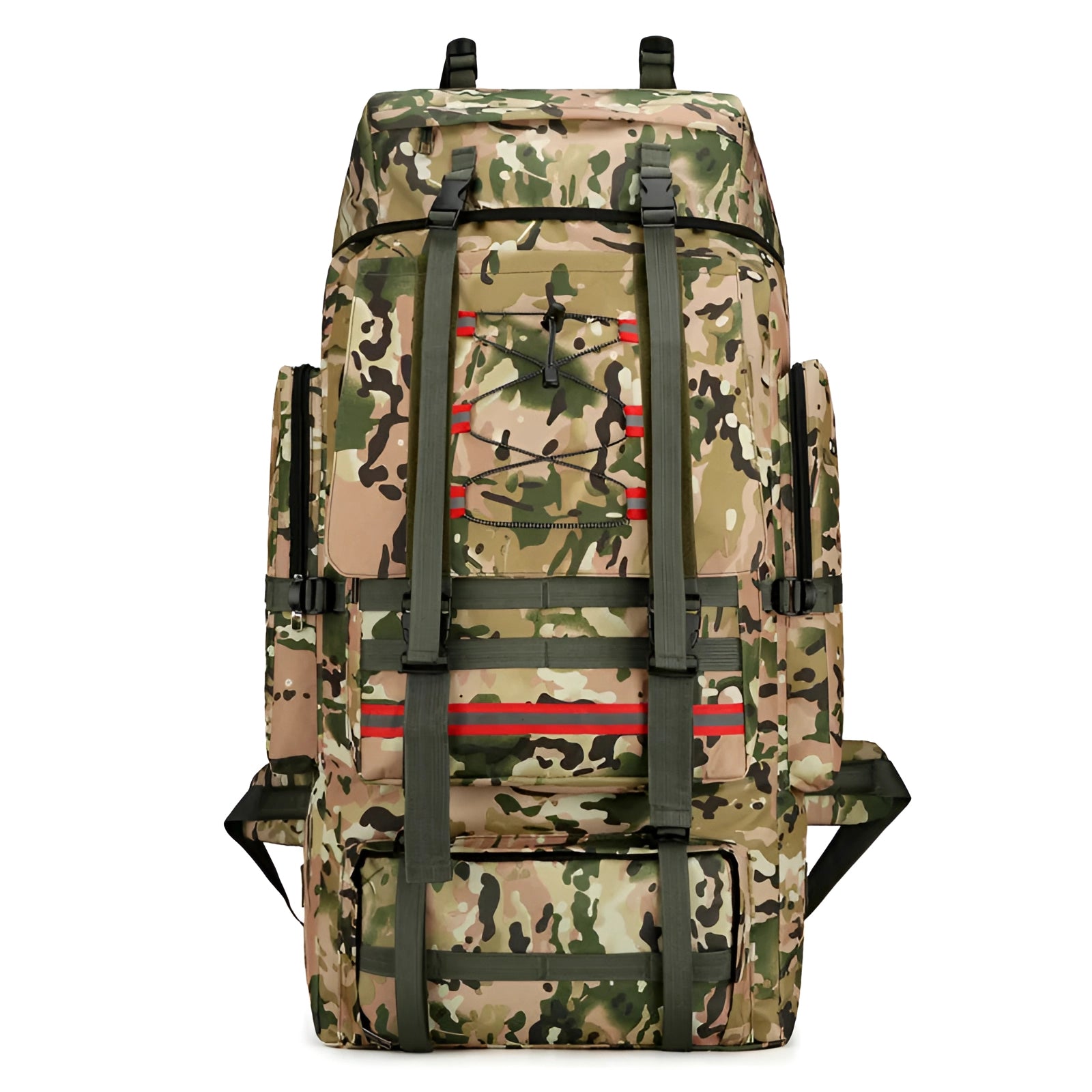 
A 130L large hiking backpack in a brown camouflage pattern, featuring multiple compartments and sleeves, designed for high-capacity expeditions. The rucksack has a rectangular shape and is suitable for carrying a substantial amount of gear, ideal for outdoor adventures.