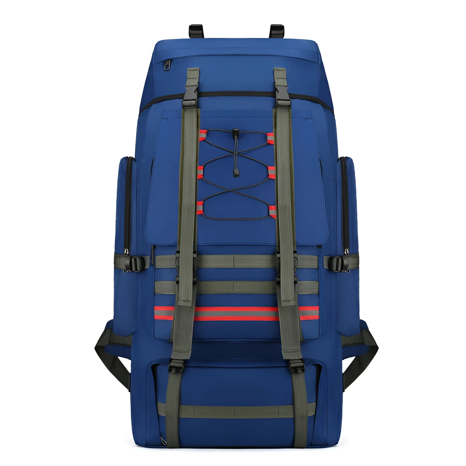 Large blue hiking backpack with a 130-liter capacity, designed for expeditions and travel, featuring multiple compartments and sturdy straps.