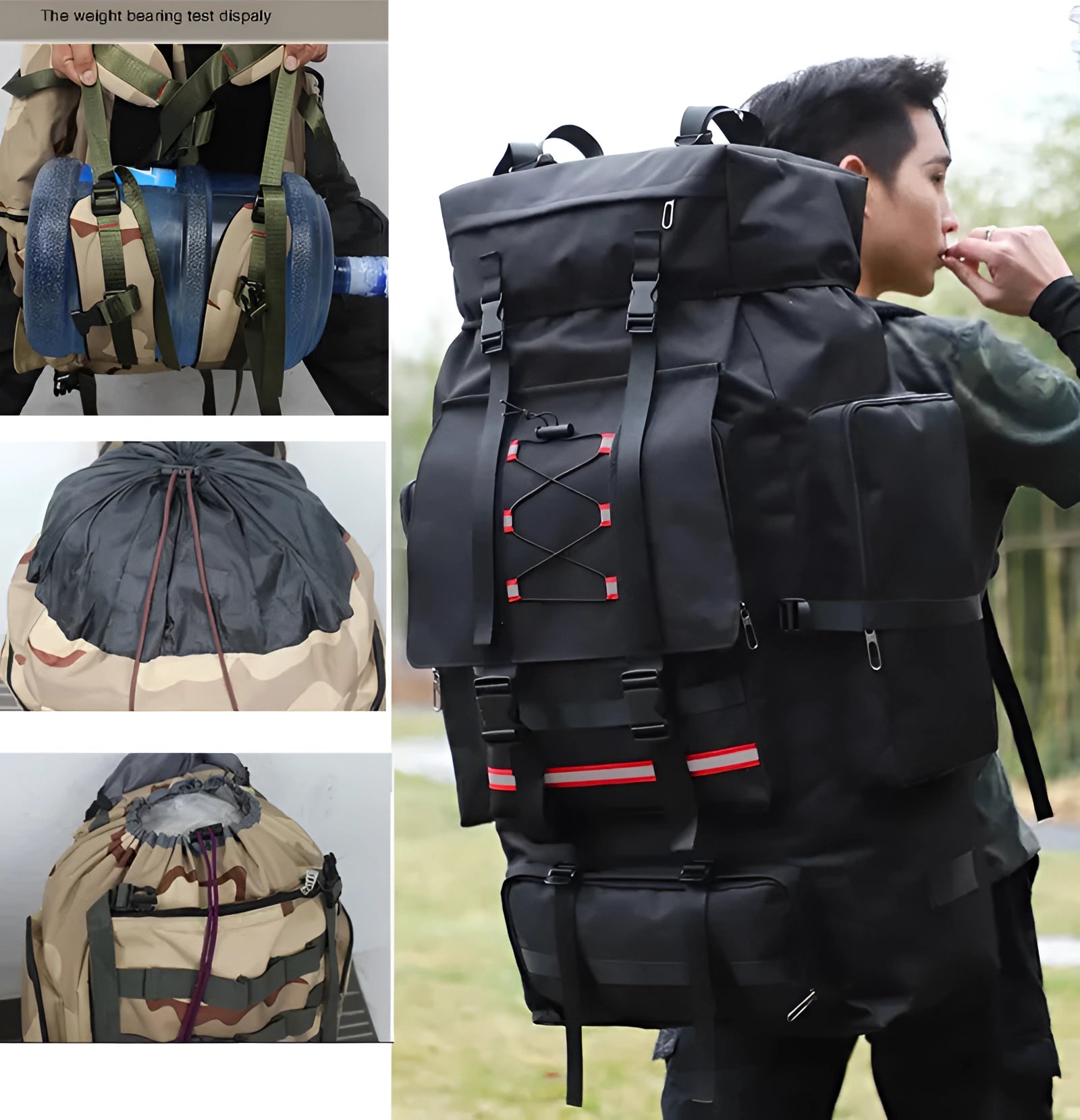 Large black and camouflage hiking backpack with multiple compartments and straps, designed for high-capacity expeditions, resembling a military-style rucksack.