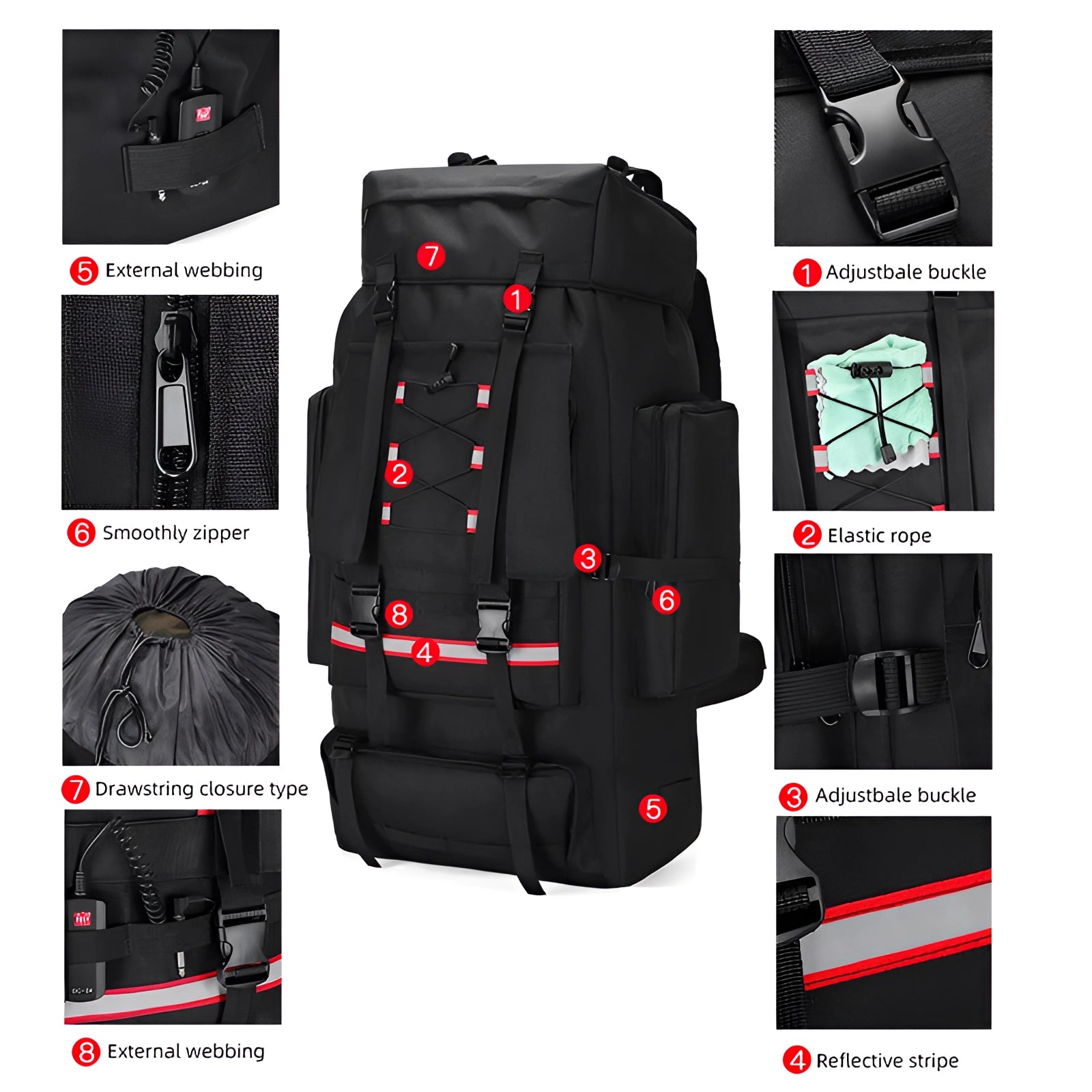 A large 130-liter hiking backpack designed for high-capacity storage, featuring multiple compartments and durable materials, ideal for expeditions and outdoor adventures.