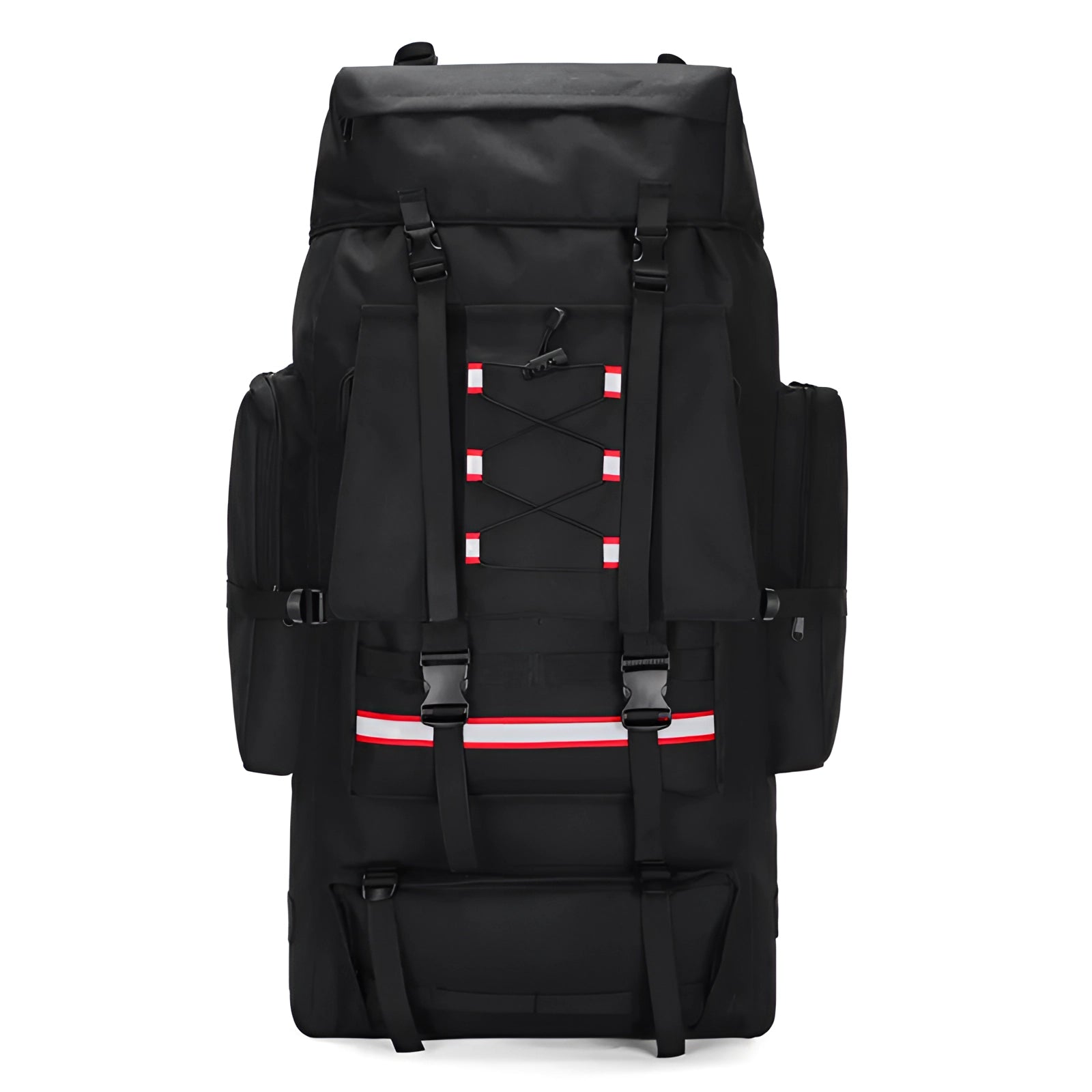 Black 130L large hiking backpack featuring a high-capacity design ideal for expeditions, with multiple compartments and a durable construction suitable for outdoor travel.