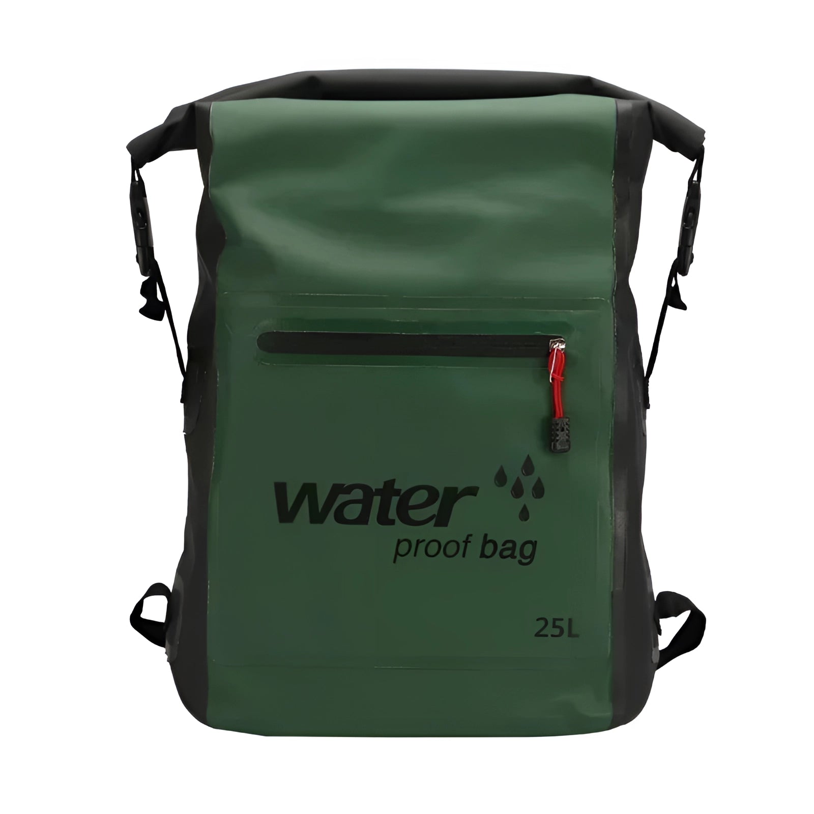 Dark green 25L waterproof backpack, durable dry bag for outdoor adventures, rectangular shape, with shoulder straps, shown against a plain background.