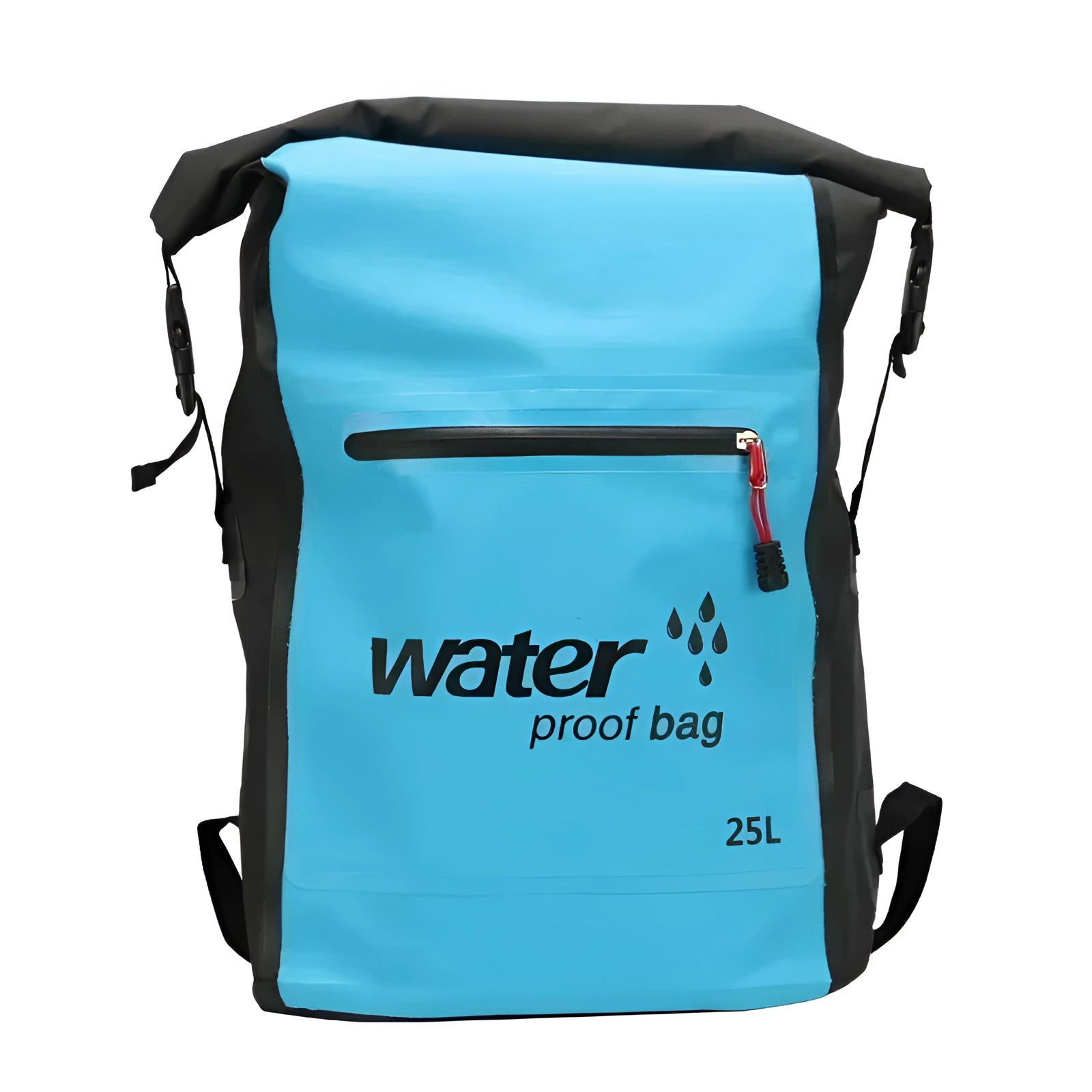 Blue 25L waterproof backpack, durable dry bag for outdoor adventures, featuring a rectangular shape and shoulder straps.