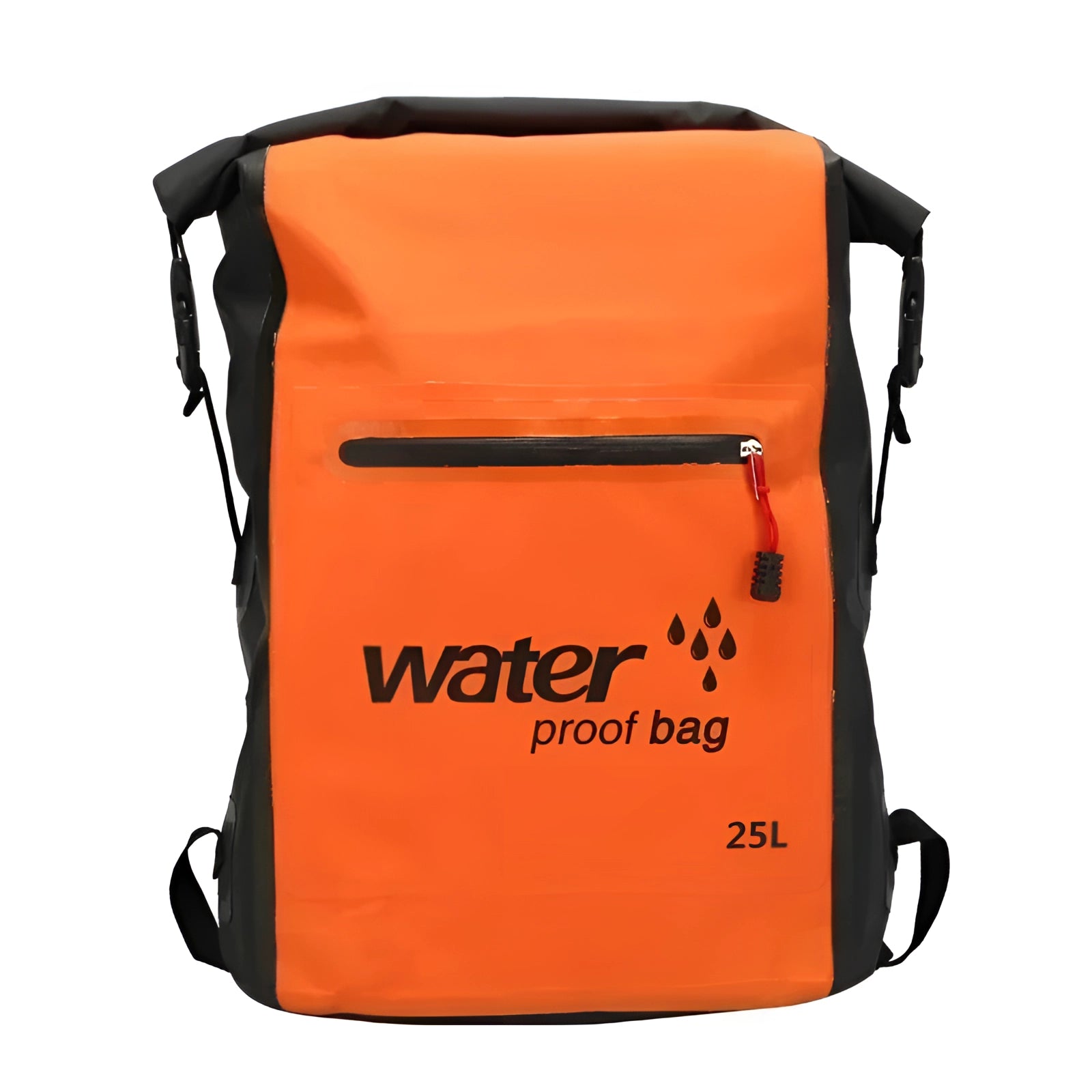 Orange 25L waterproof backpack, durable dry bag for outdoor adventures, featuring shoulder straps and a rectangular shape.