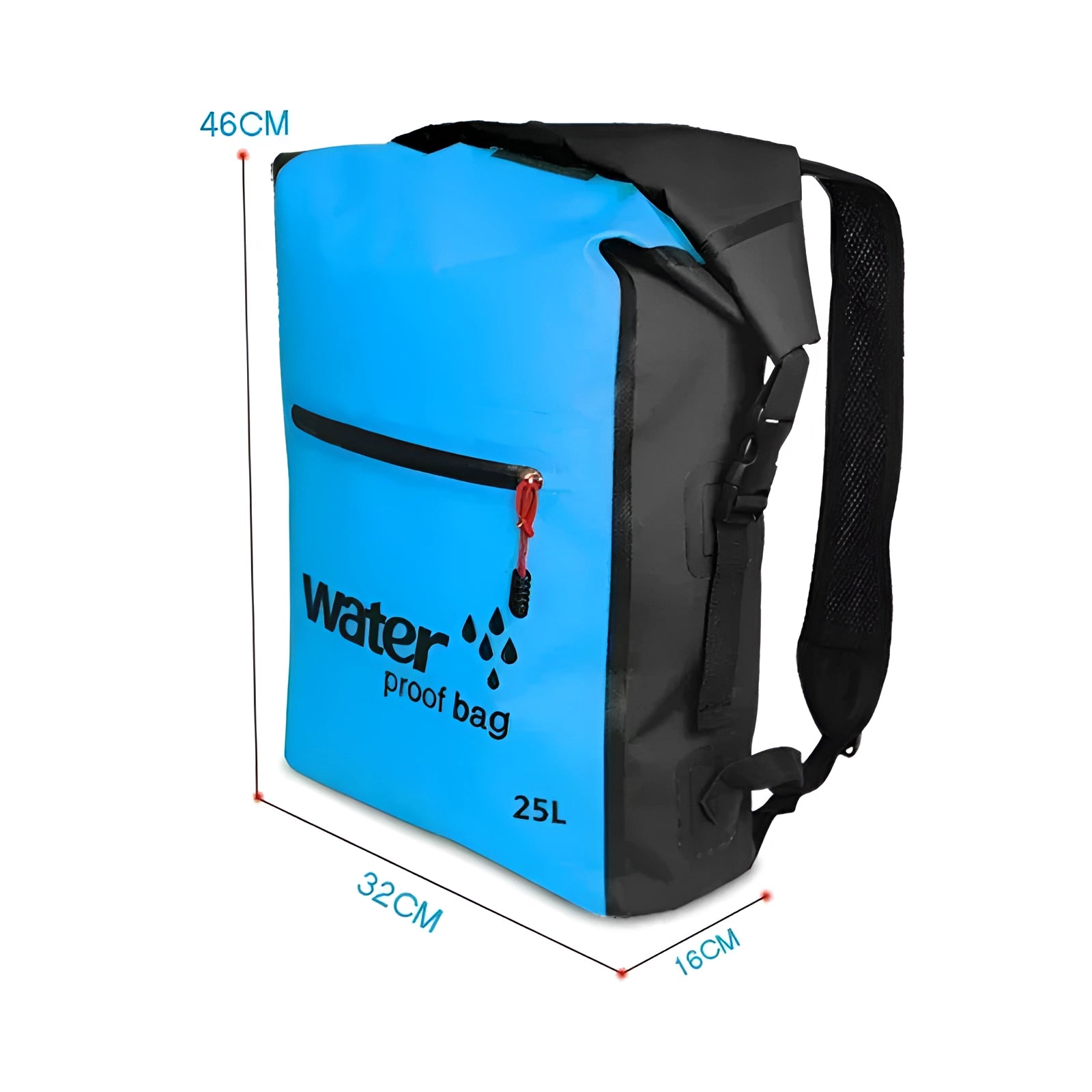 25L waterproof backpack in electric blue, designed for outdoor adventures; shown with durable, protective material and multiple compartments.