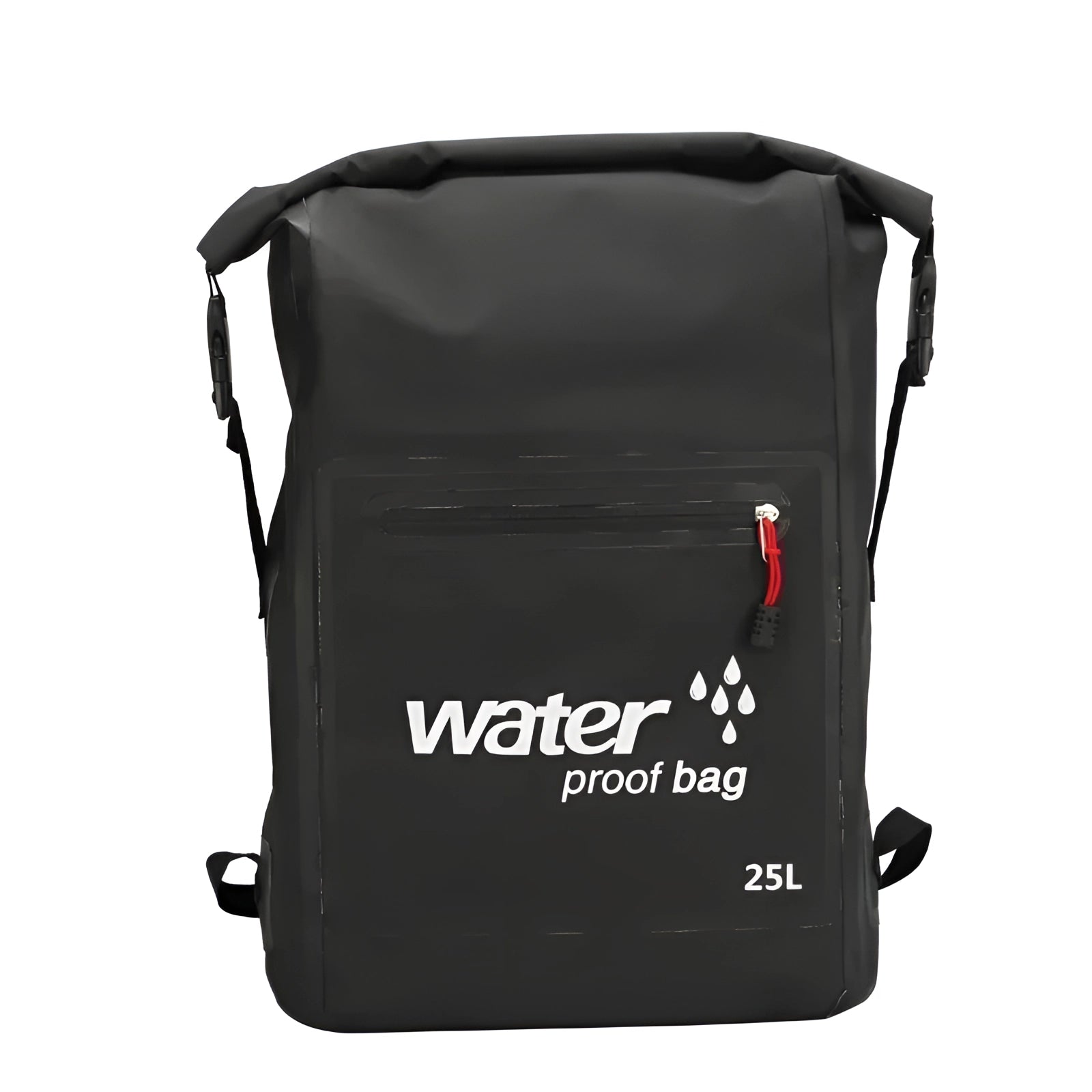 Black 25L waterproof backpack, durable dry bag for outdoor adventures, featuring rectangular shape, brand logo, and sleek design.