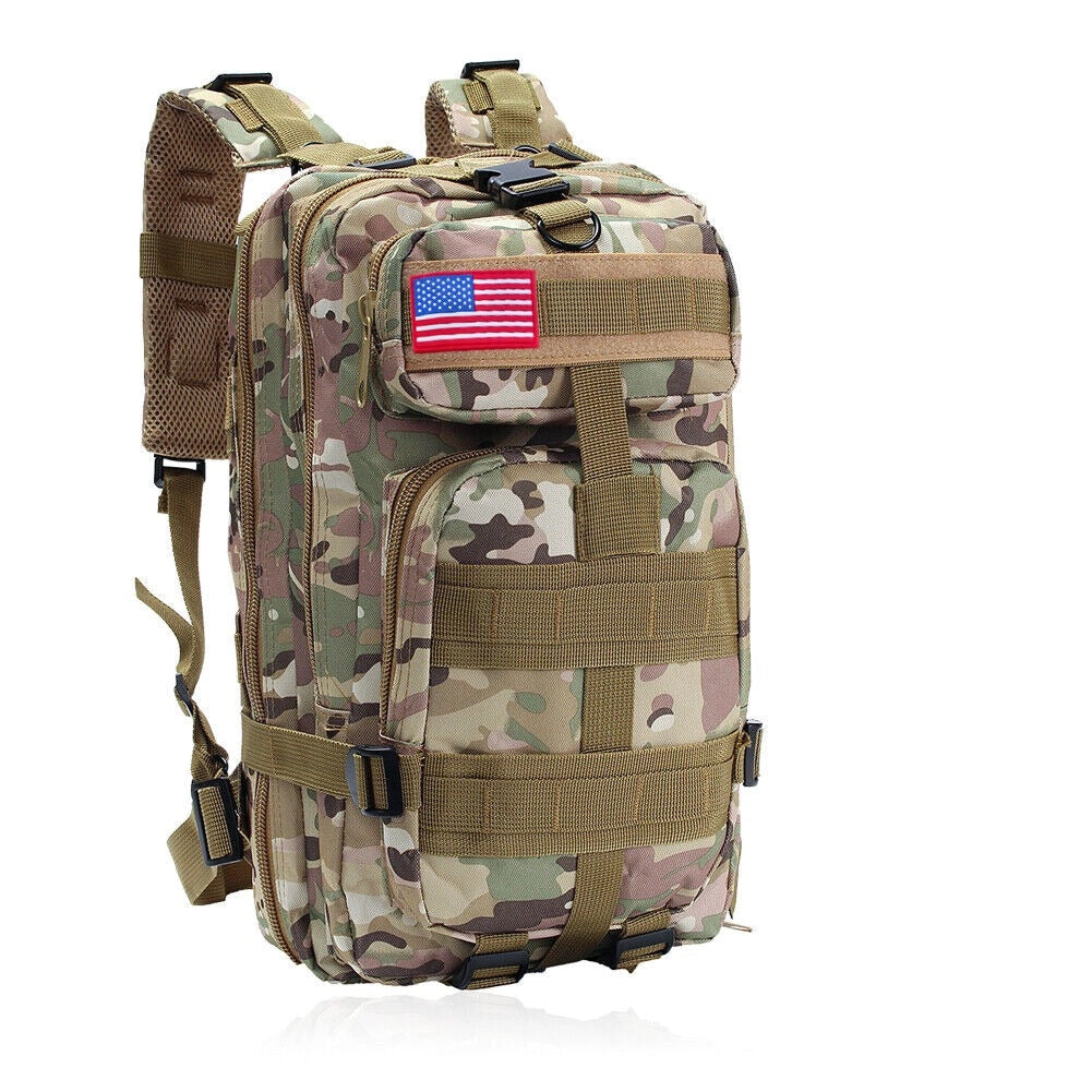 30L Military-Grade Tactical Backpack in Desert Camo, Waterproof with multiple compartments, suitable for hiking and survival gear.