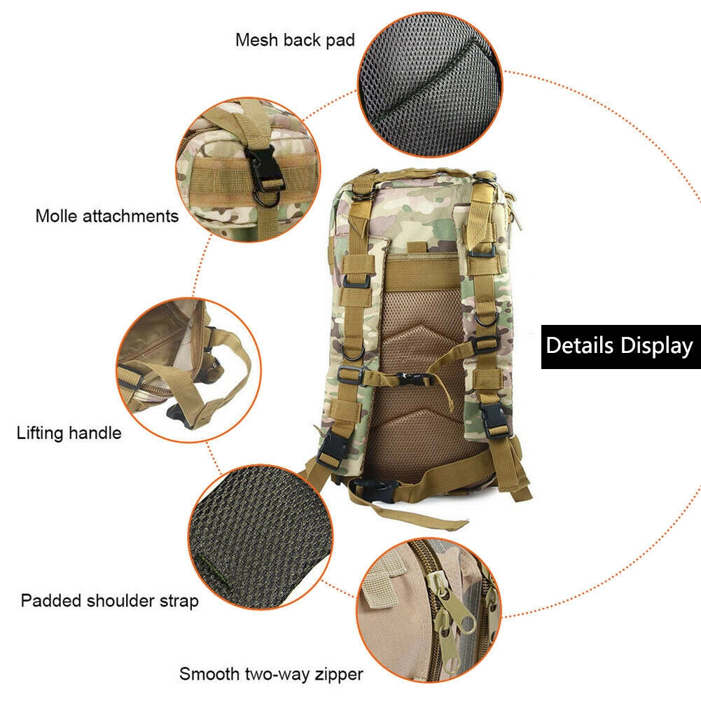 30L military-grade tactical backpack, waterproof, designed for hiking and survival gear, displayed with automotive and personal protective equipment in the background.