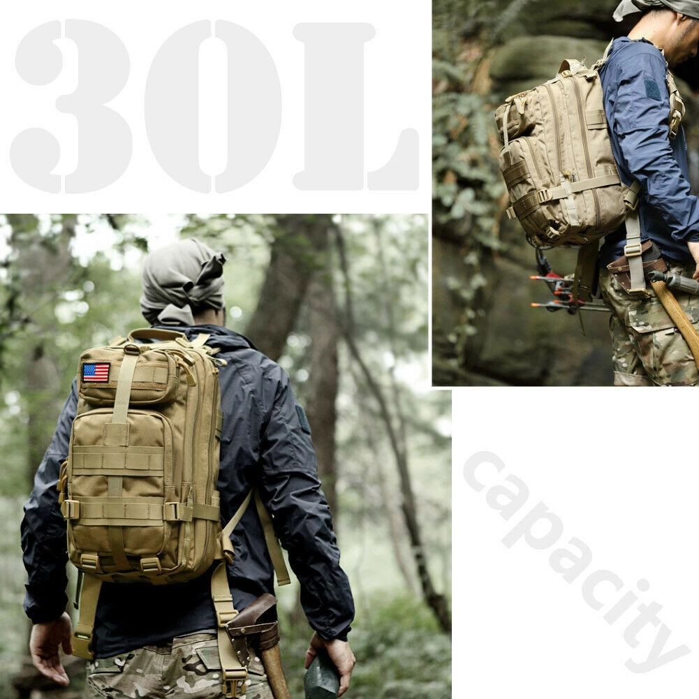 A 30L military-grade tactical backpack in camouflage pattern, designed for waterproof hiking and survival gear, shown with soldiers in military uniforms and gear in the background.