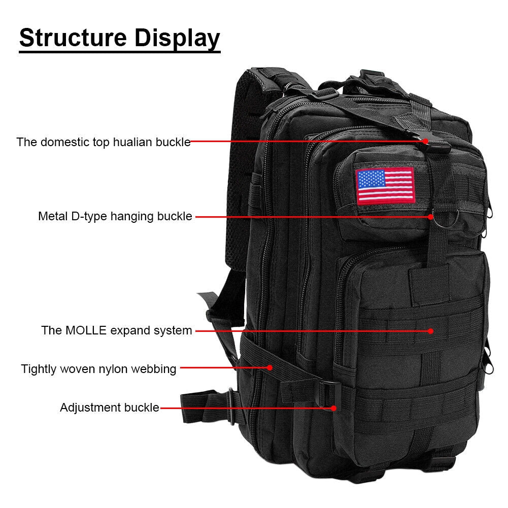 30L military-grade tactical backpack, waterproof, suitable for hiking and survival gear, with multiple compartments and rugged design.