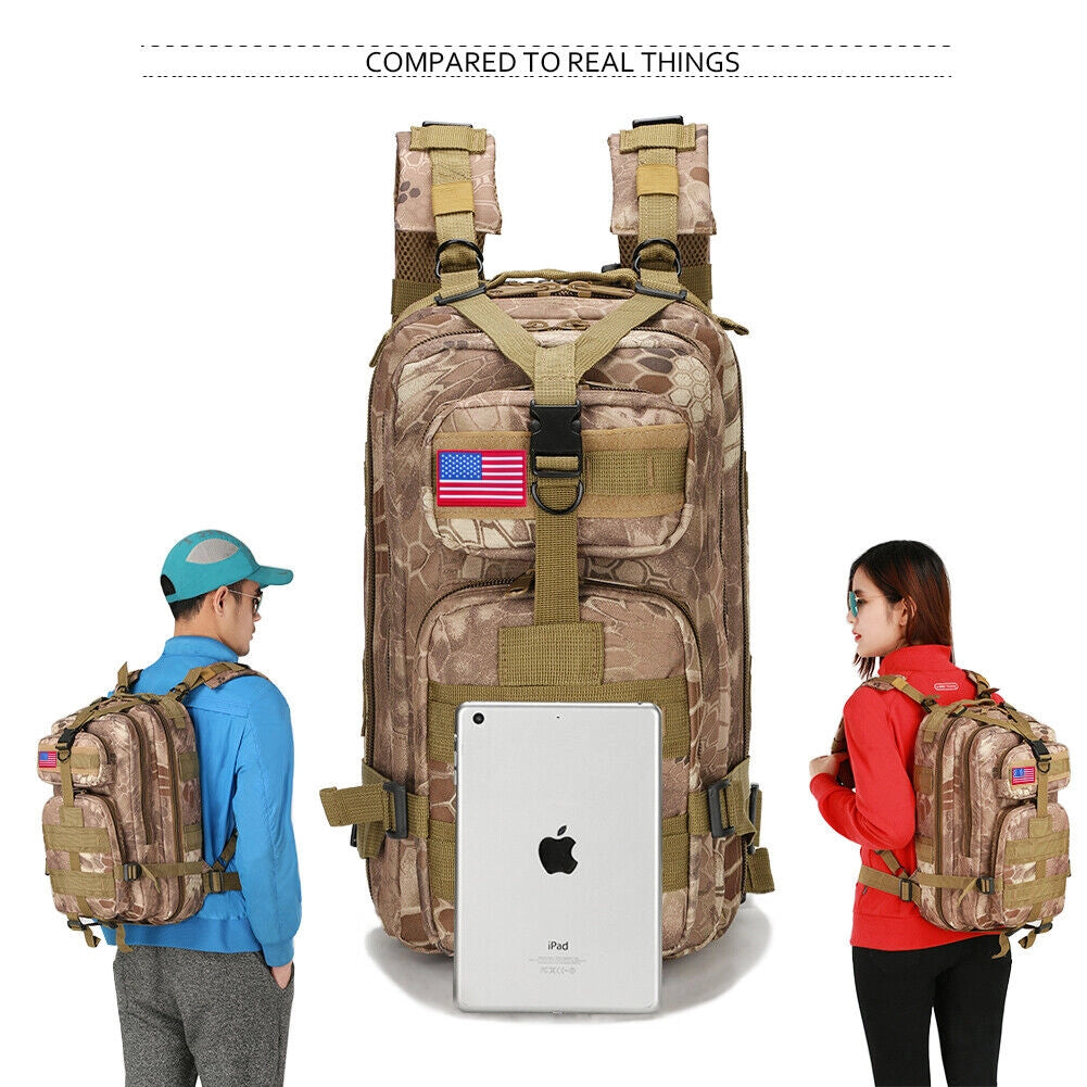 30L military-grade tactical backpack, waterproof; designed for hiking and survival gear, with multiple compartments and durable exterior.