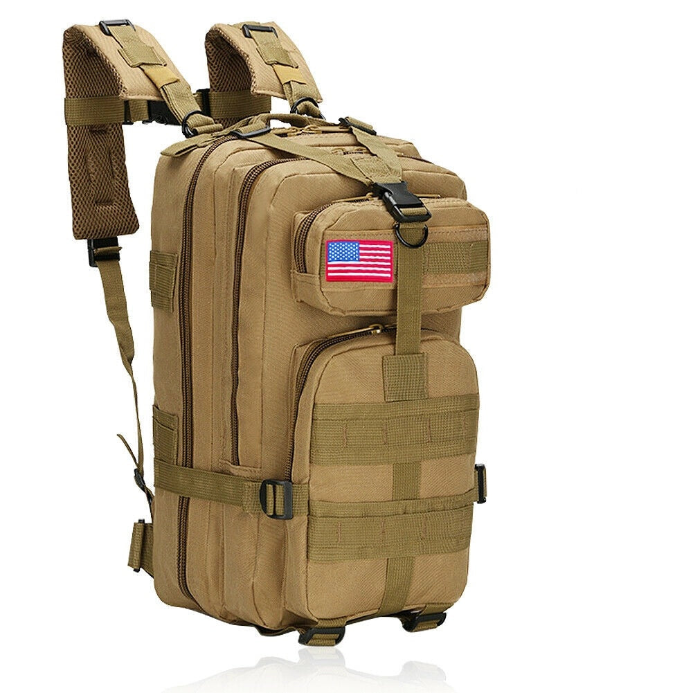 Brown 30L military-grade tactical backpack, waterproof, ideal for hiking and survival gear.