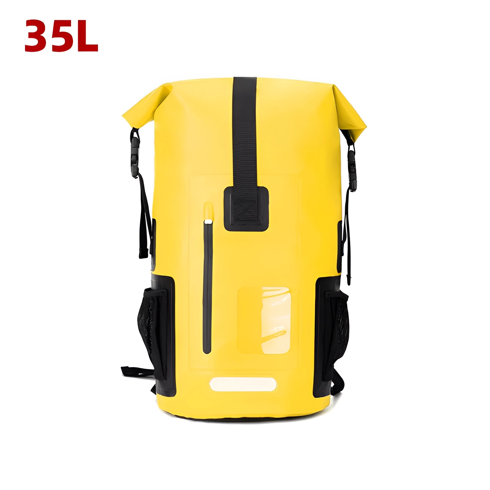 Yellow 35L waterproof dry bag backpack designed for outdoor adventures, featuring a durable and sturdy construction.