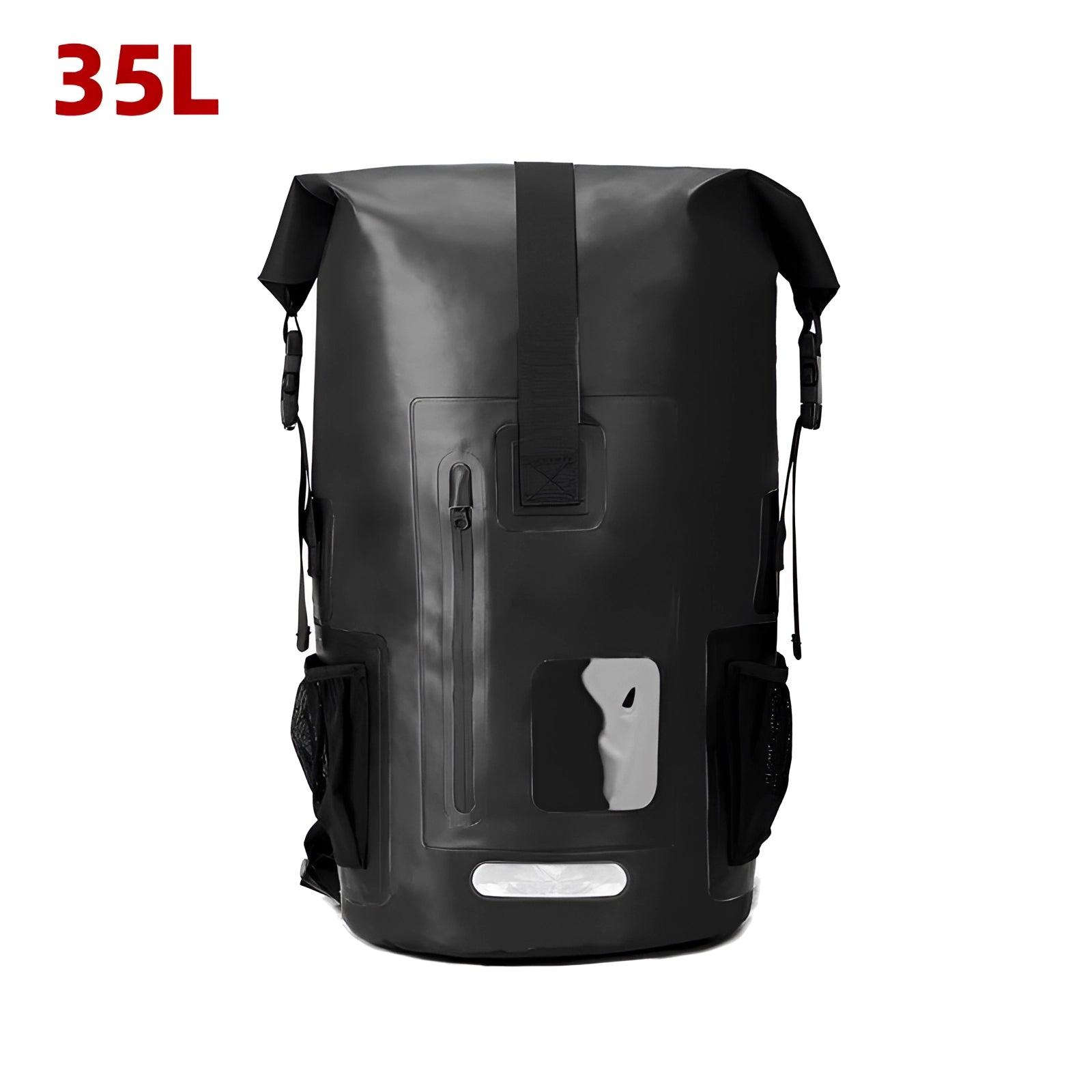 Black 35L waterproof dry bag backpack designed for outdoor adventure, featuring a durable and rectangular shape ideal for protecting gear from water exposure.