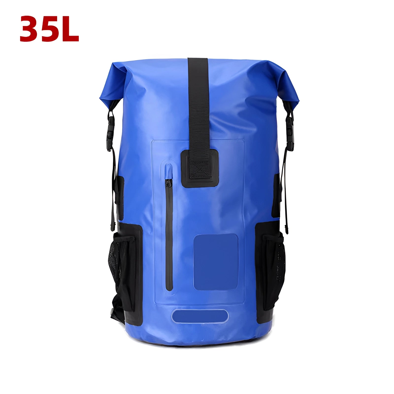 Dark blue 35L waterproof dry bag backpack for outdoor adventures, featuring durable material and spacious design for keeping gear dry.