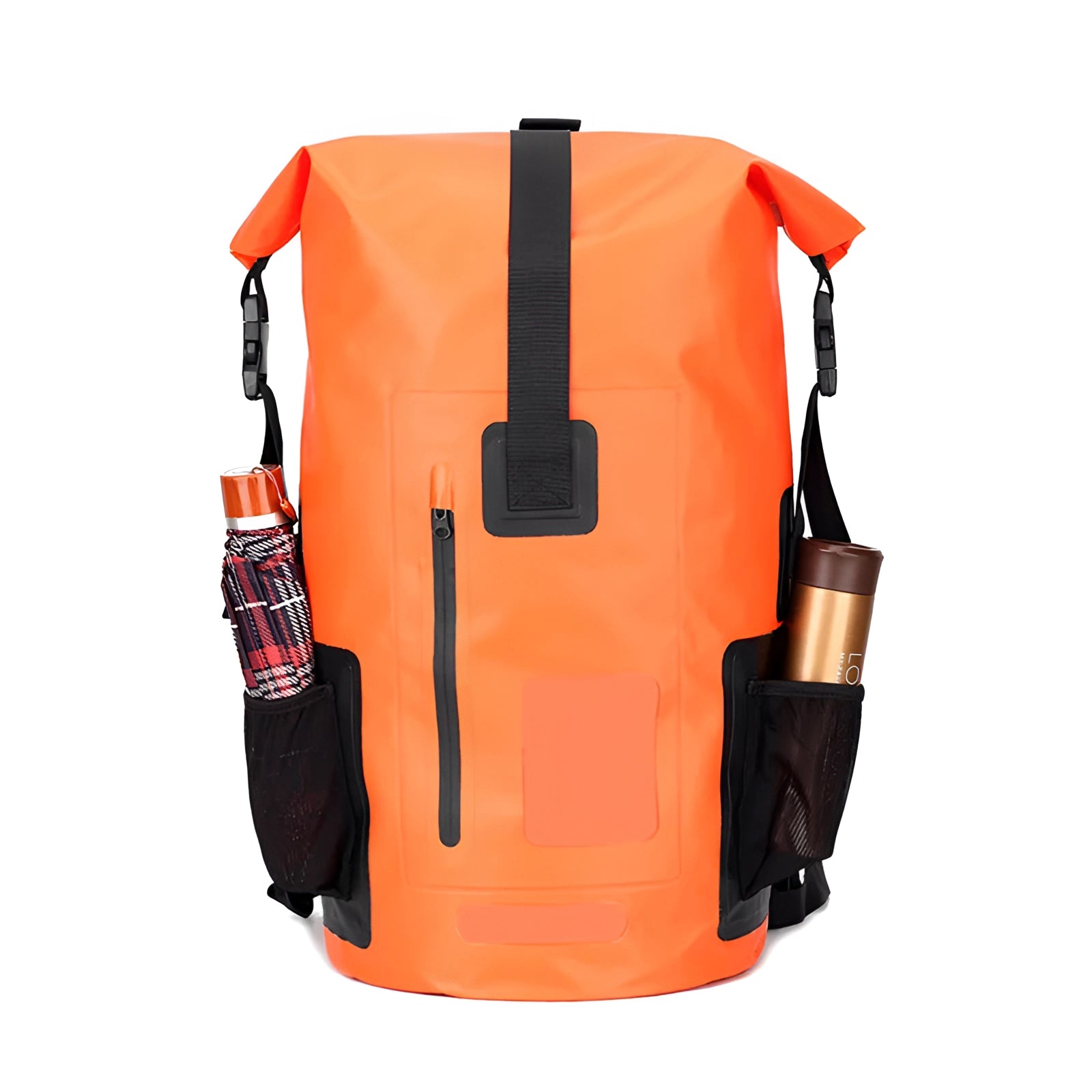 35-liter waterproof dry bag backpack, designed for outdoor adventures, featuring a durable rectangular shape with a roll-top closure, adjustable shoulder straps, and a sleek, minimalistic design made from plastic material.