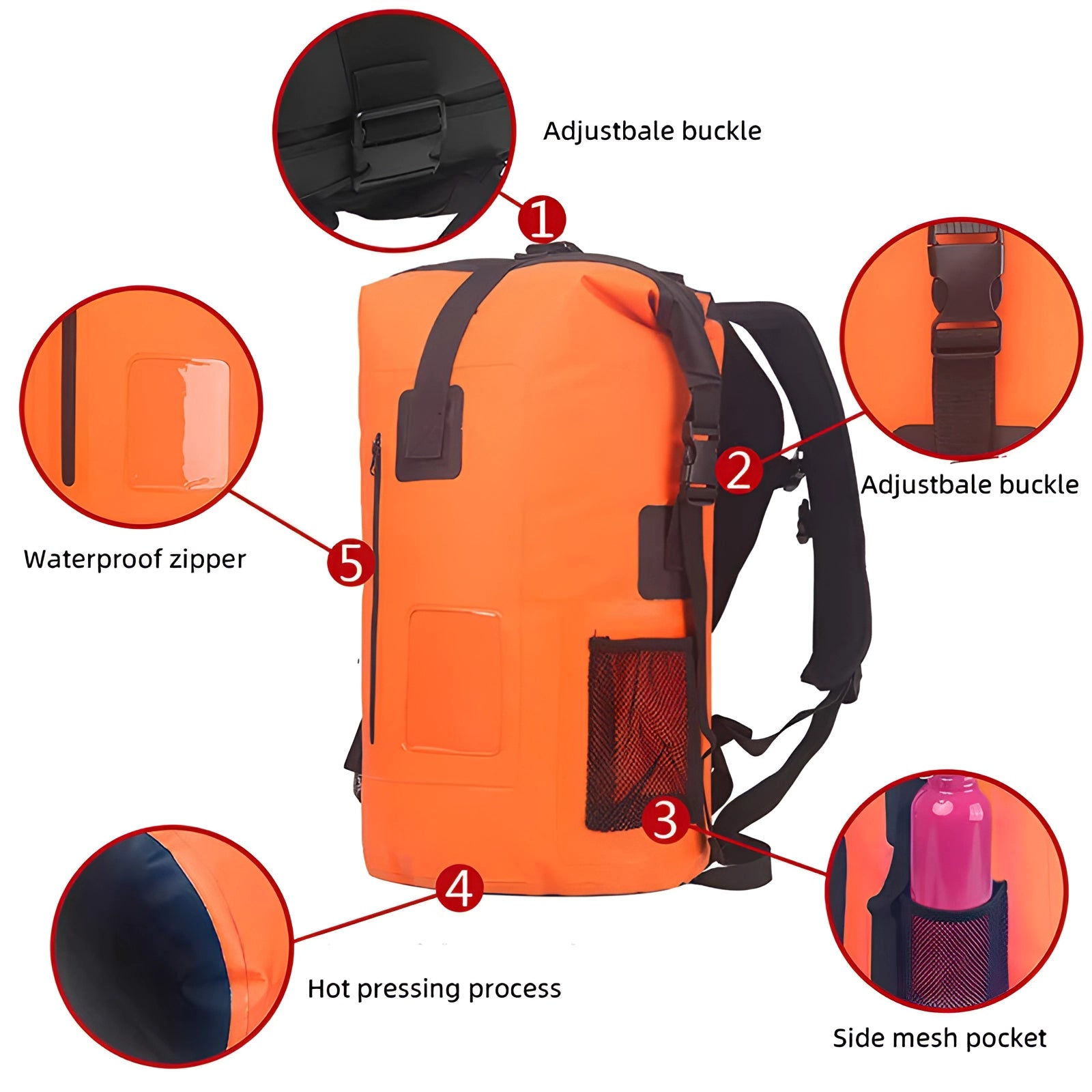 35L waterproof dry bag backpack in red, featuring a durable design with bold branding and graphics suitable for outdoor adventures.