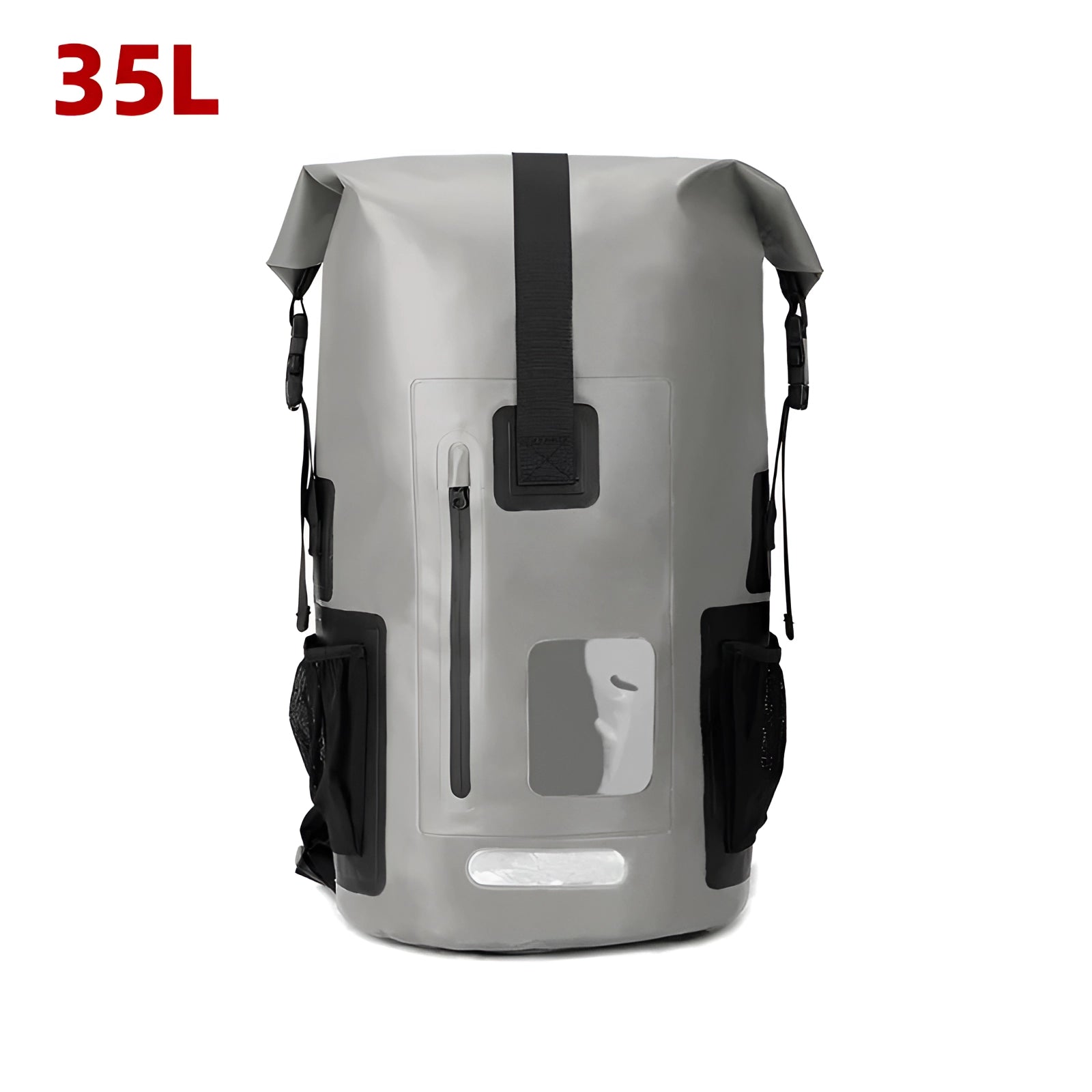 A grey 35L waterproof dry bag backpack designed for outdoor adventures, featuring a durable and rugged construction suitable for various weather conditions.