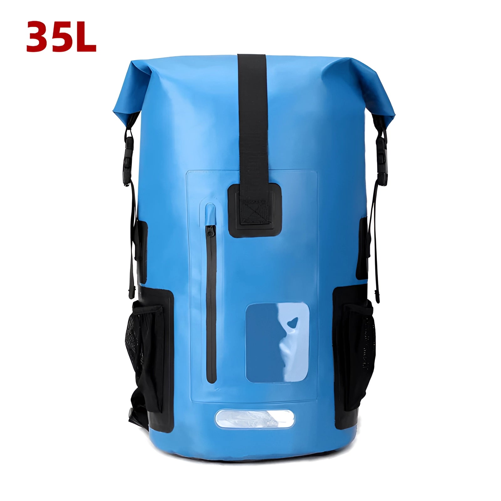 Blue 35L waterproof dry bag backpack designed for outdoor adventures, featuring a rectangular shape and durable construction.